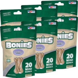 bonies natural calming formula dog treats - contains chamomile & lavender, help anxiety, excessive barking & trembling, chicken flavor, mini, 120 bone