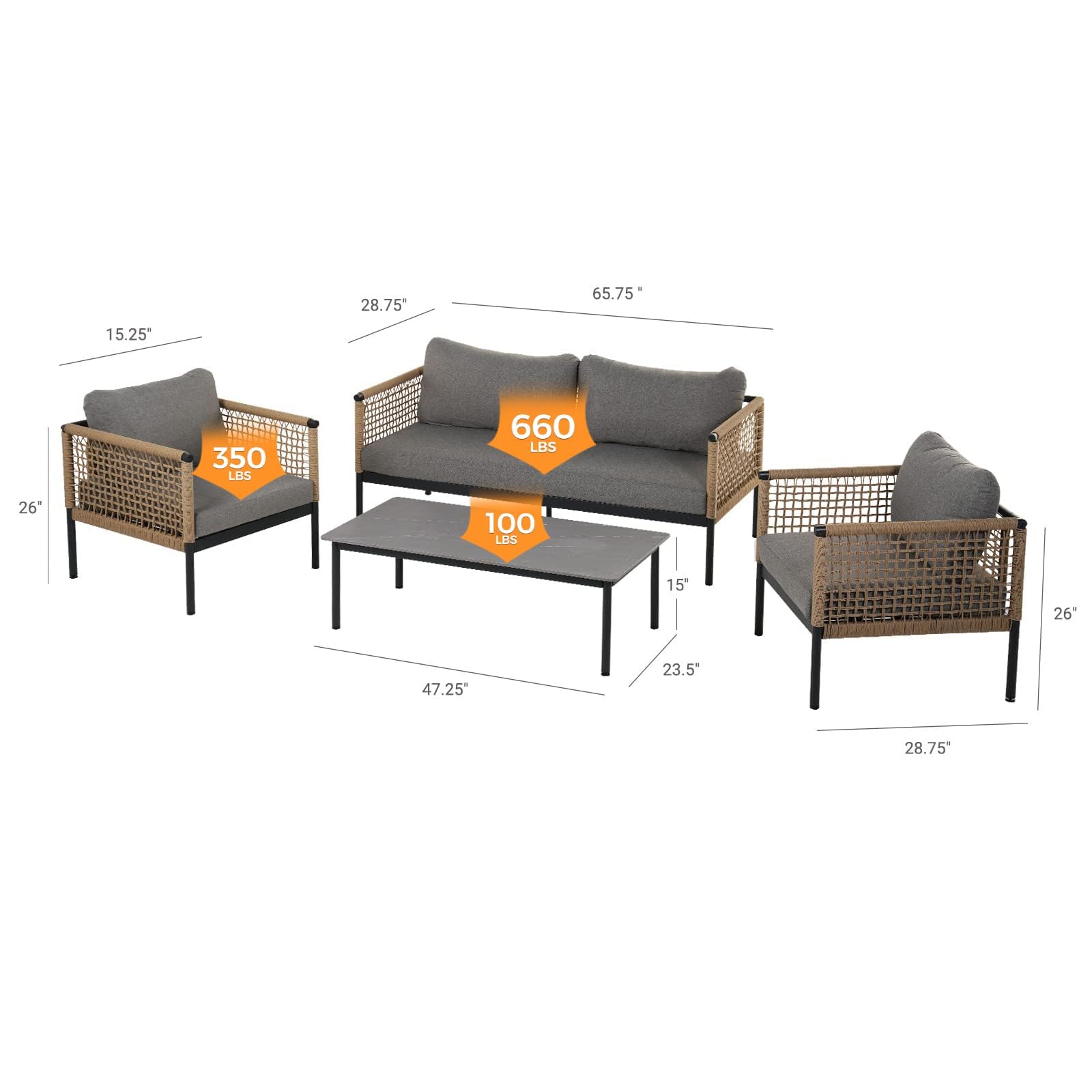 Grand patio Outdoor 4-Piece Conversation Set Rust Free Patio Furniture Set Open-Weave Wicker Olefin Modern Sofa Seating for Garden, Backyard, Balcony, Gray