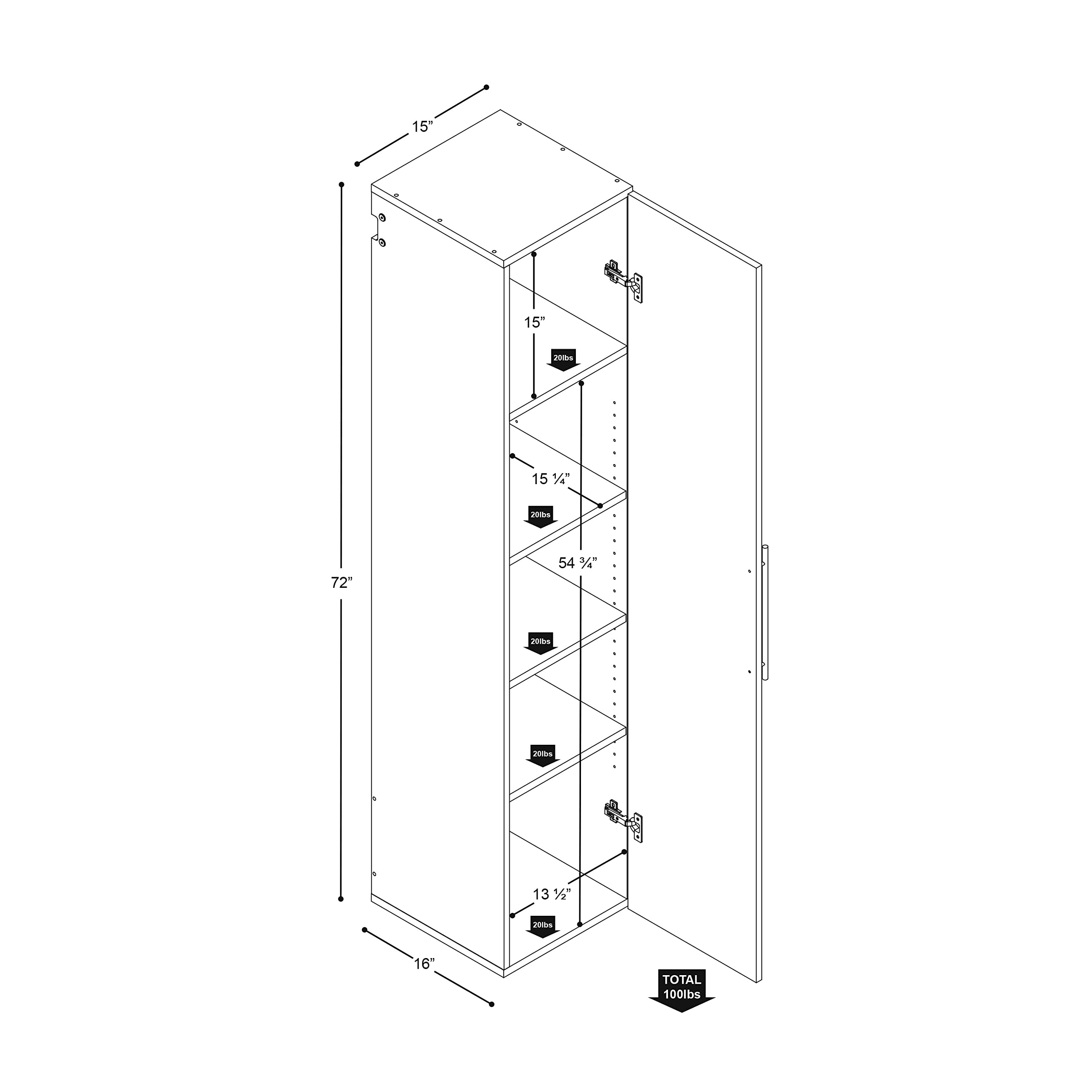 Prepac HangUps Narrow Wall Mounted Garage Storage Cabinet, Tall Storage Organizer Cabinet, 15" W x 72" H x 16" D, Light Gray