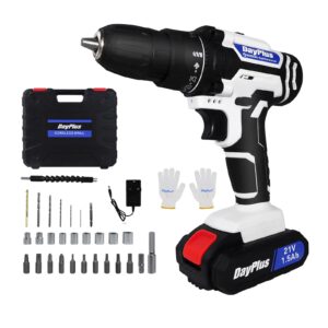 21v cordless drill driver screwdriver with 1500mah li-ion battery, 2 variable speed 25+1 torque setting with led light, portable rechargeable impact drill tool kit with storage case for home diy