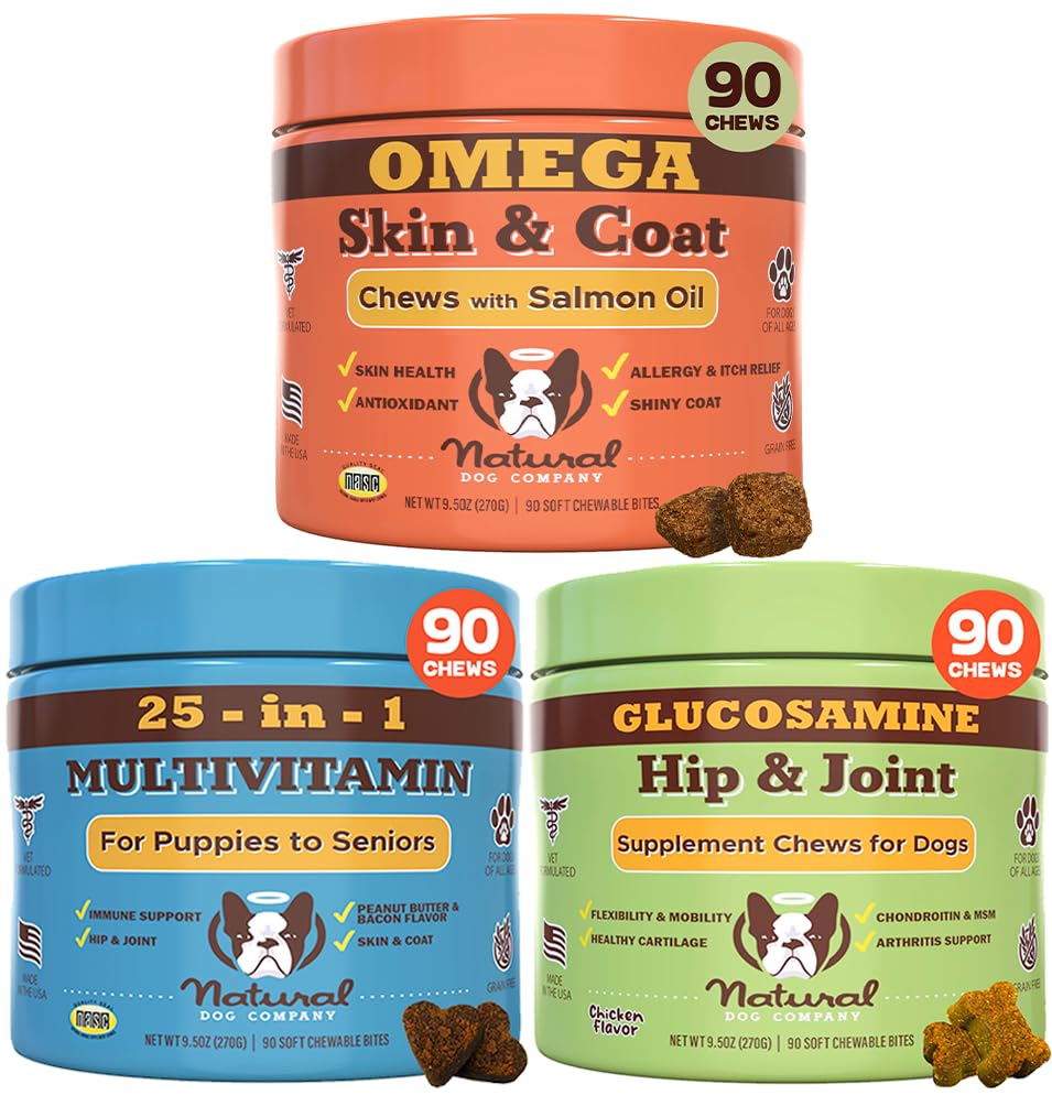 Natural Dog Company Ultimate Dog Health Bundle - Multivitamin, Skin & Coat, Hip and Joint Supplement Chews - Supports Immune System, Reduces Shedding, Enhances Mobility for Dogs of All Ages and Breeds