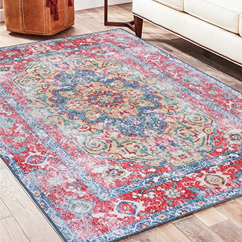 Superior Indoor Large Area Rug, Non-Slip Backing, for Kids or Pets, Entryway, Living Room, Kitchen, Dorm, Bedroom, Hallway, Machine Washable, Floor Cover, Rustic, Tanager Collection, 10' x 14', Red