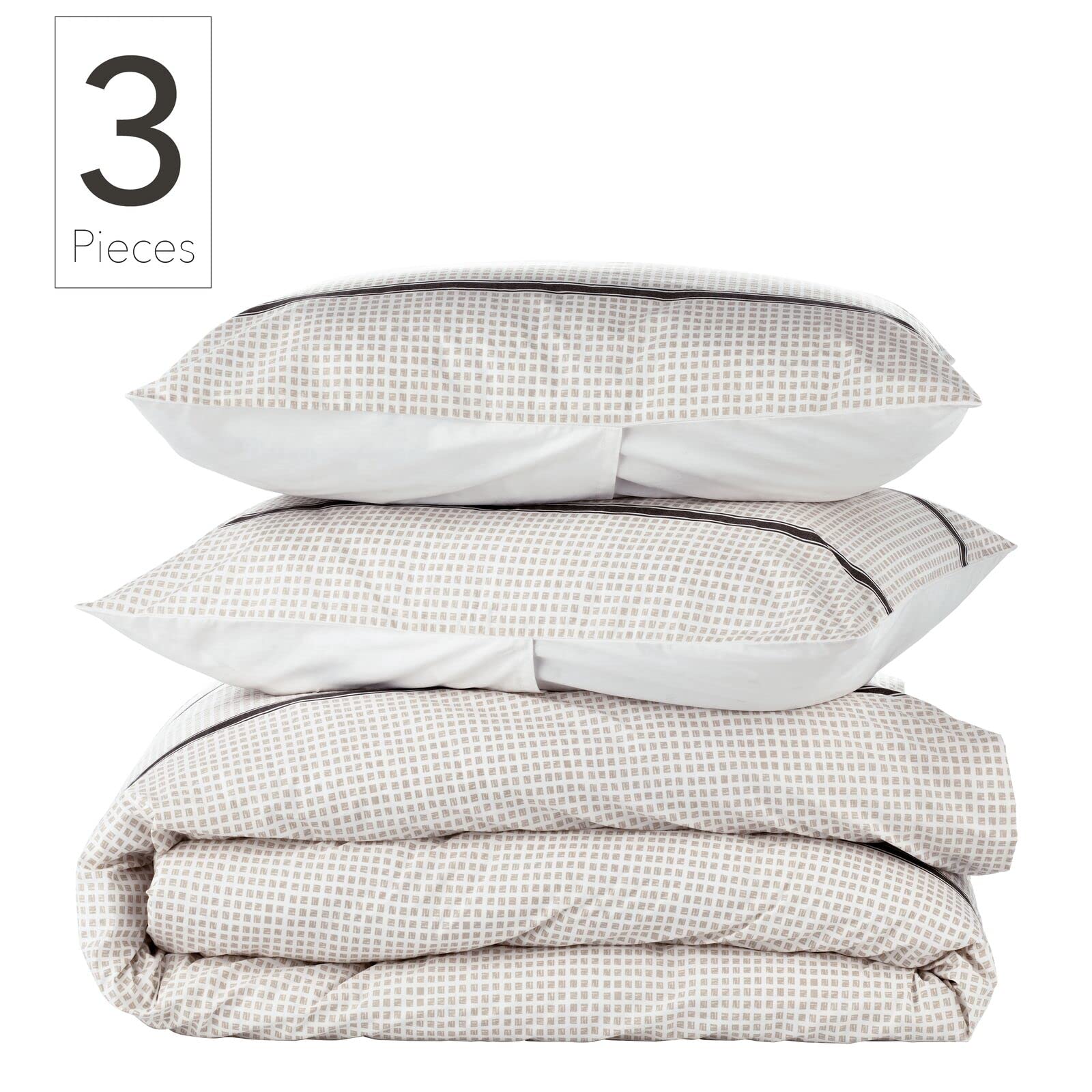 Nate Home by Nate Berkus 250TC 3-Piece Printed Shapes All-Season Cotton Duvet Cover Set | Bedding Set from mDesign - King Size - 1 Duvet Cover, 2 Pillow Shams, Pearl/Night (Taupe/Black)