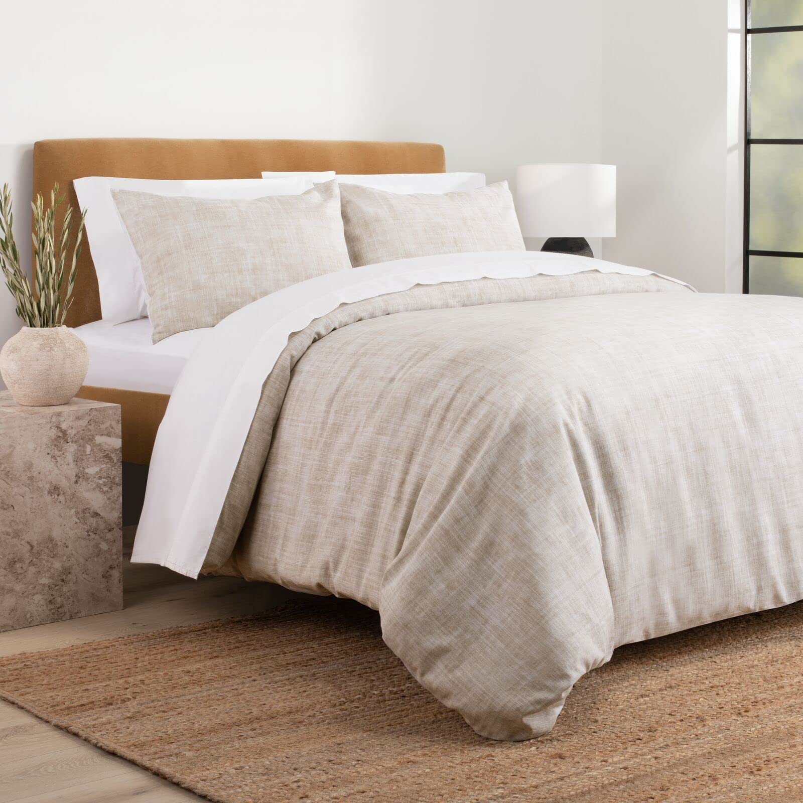 Nate Home by Nate Berkus 200TC 3-Piece Textured Print Duvet Cover Set | Crisp, Cool Bedding from mDesign - Full/Queen Size - 1 Duvet Cover, Hidden Button Closure/2 Pillow Shams, Fossil (Beige)