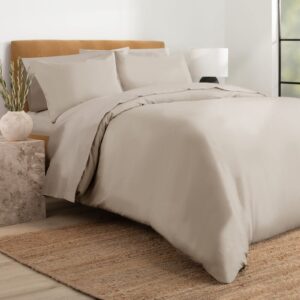 Nate Home by Nate Berkus 200TC 3-Piece Cotton Percale Duvet Cover | Crisp, Cool, Breathable Bedding Set from mDesign - Full/Queen Size - 1 Duvet Cover/2 Pillow Shams, Fossil (Beige)