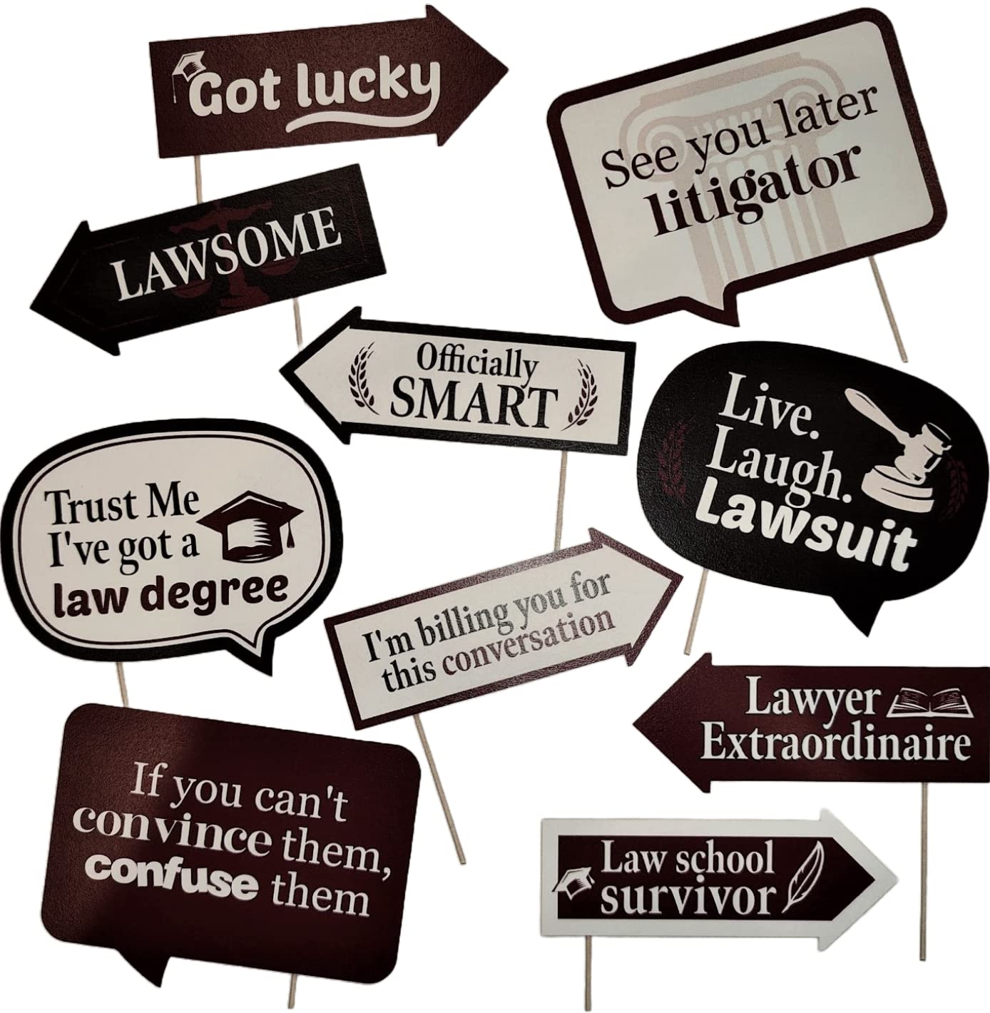 Funny Law School Grad Photo Booth Props - Future Lawyer Graduation Themed Party Decorations - Funny Photography Supplies - Selfie Props with Sticks - 10pcs