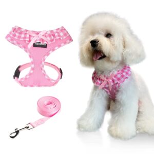 superbuddy upgraded soft mesh dog harness, super breathable lightweight pet harnesses for puppy dogs outdoor walking, pink dog harness and dog leash set packing -medium