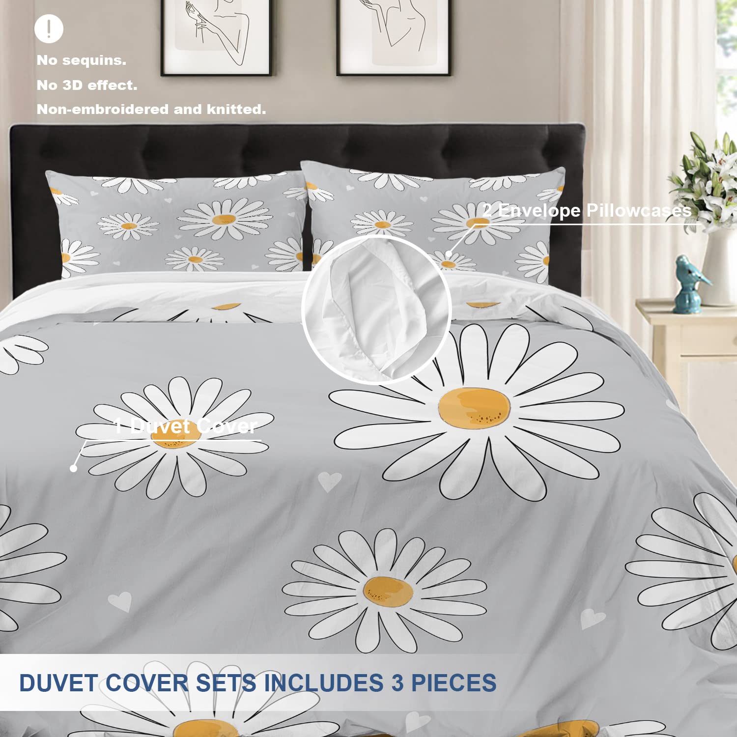 Batmerry Spring Floarl Full Size 3 Pieces Bedding Comforter Cover Sets,Soft Fluffy Cute White Flowers On Grey Pattern Printed Duvet Cover for All Season