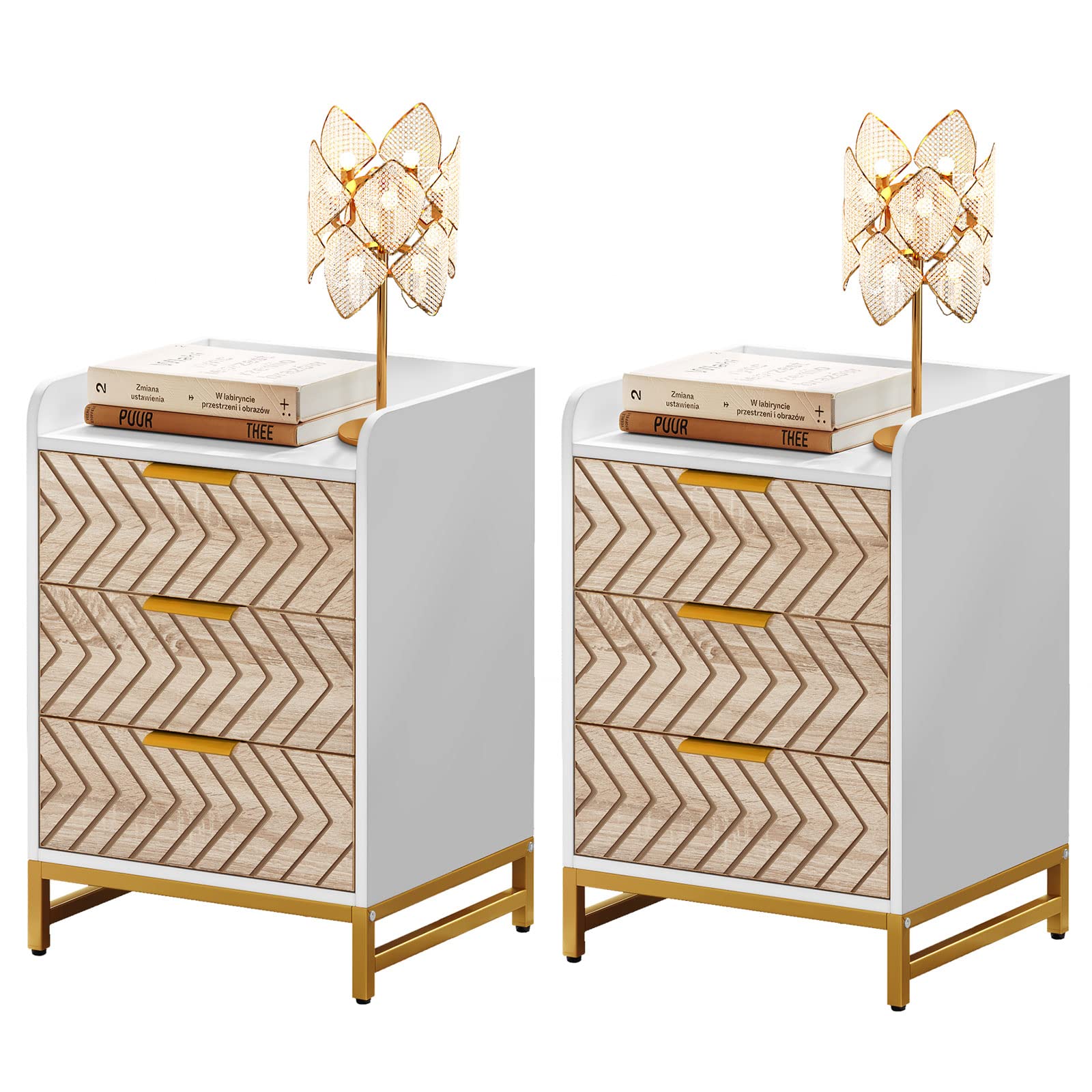 YITAHOME Nightstand with 3 Drawers, Modern Bedside Table with Chevron Design and Gold Metal Legs, Small End Side Table, Night Stands with Lip, for Bedroom, Set of 2