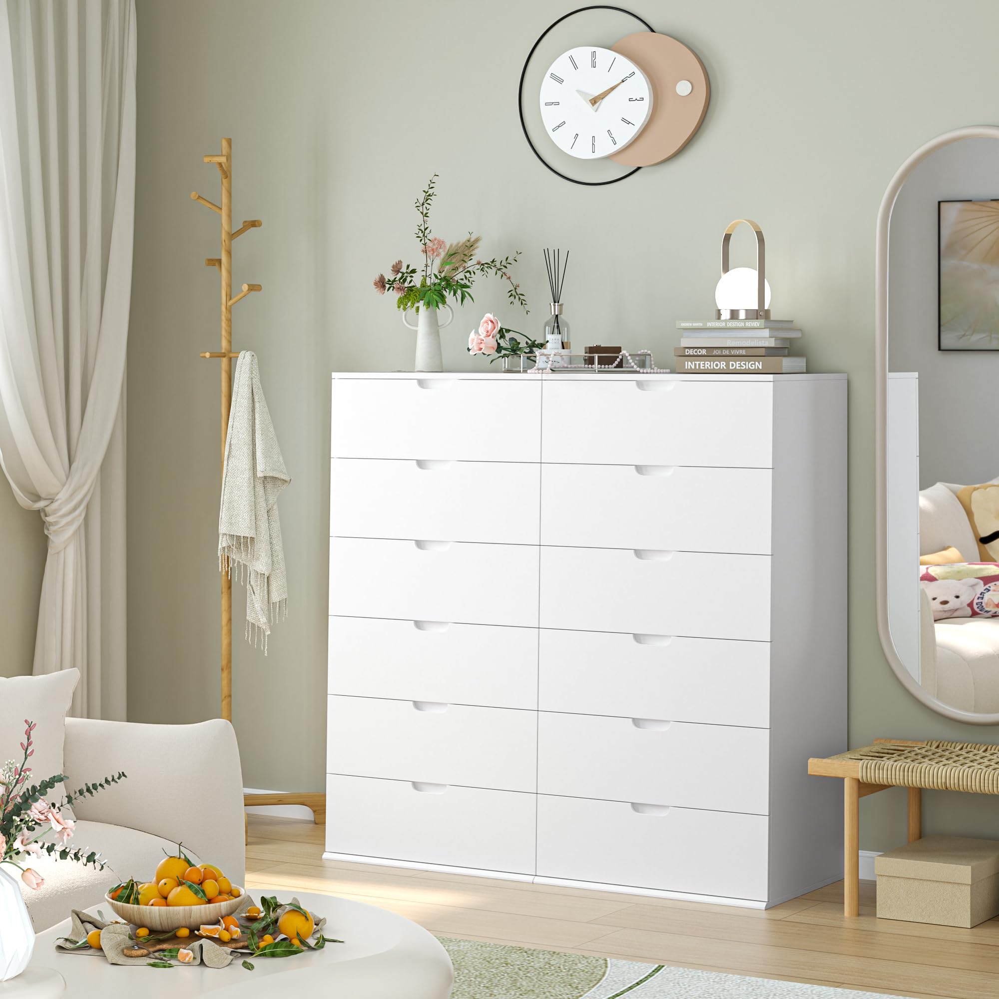 FOTOSOK Tall Dresser 47", White Dresser with 6 Drawers, Modern Chest of Drawers with Handless Design, 6 Drawer Dresser Verticle Dresser for Home & Office