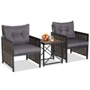 tangkula 3 piece rattan chair set, patio wicker chairs and coffee table set, heavy-duty metal frame & durable acacia wood tabletop, outdoor furniture set for backyard, front porch, deck (gray)