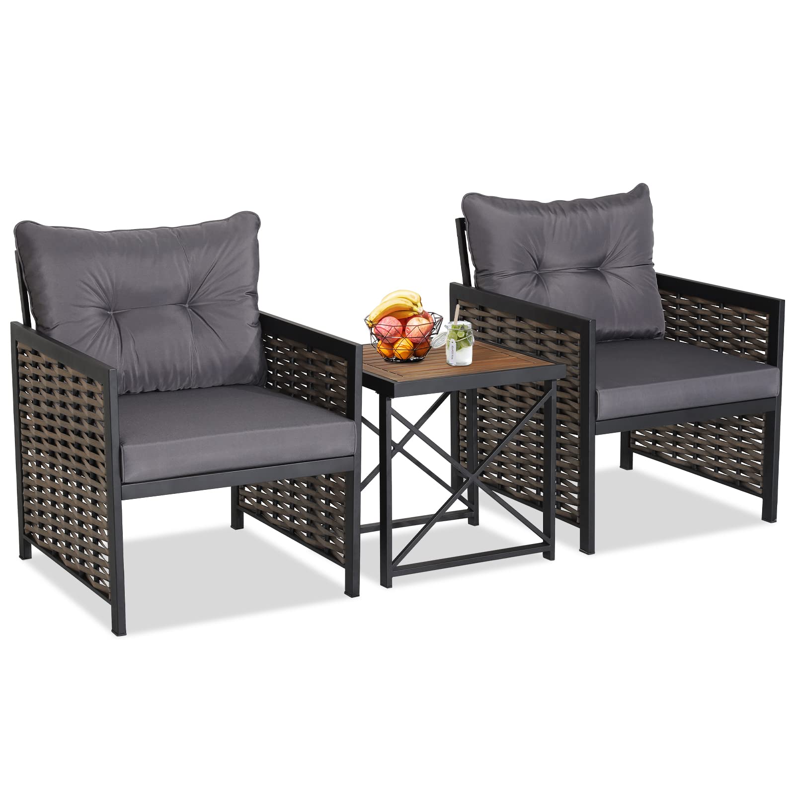 Tangkula 3 Piece Rattan Chair Set, Patio Wicker Chairs and Coffee Table Set, Heavy-Duty Metal Frame & Durable Acacia Wood Tabletop, Outdoor Furniture Set for Backyard, Front Porch, Deck (Gray)