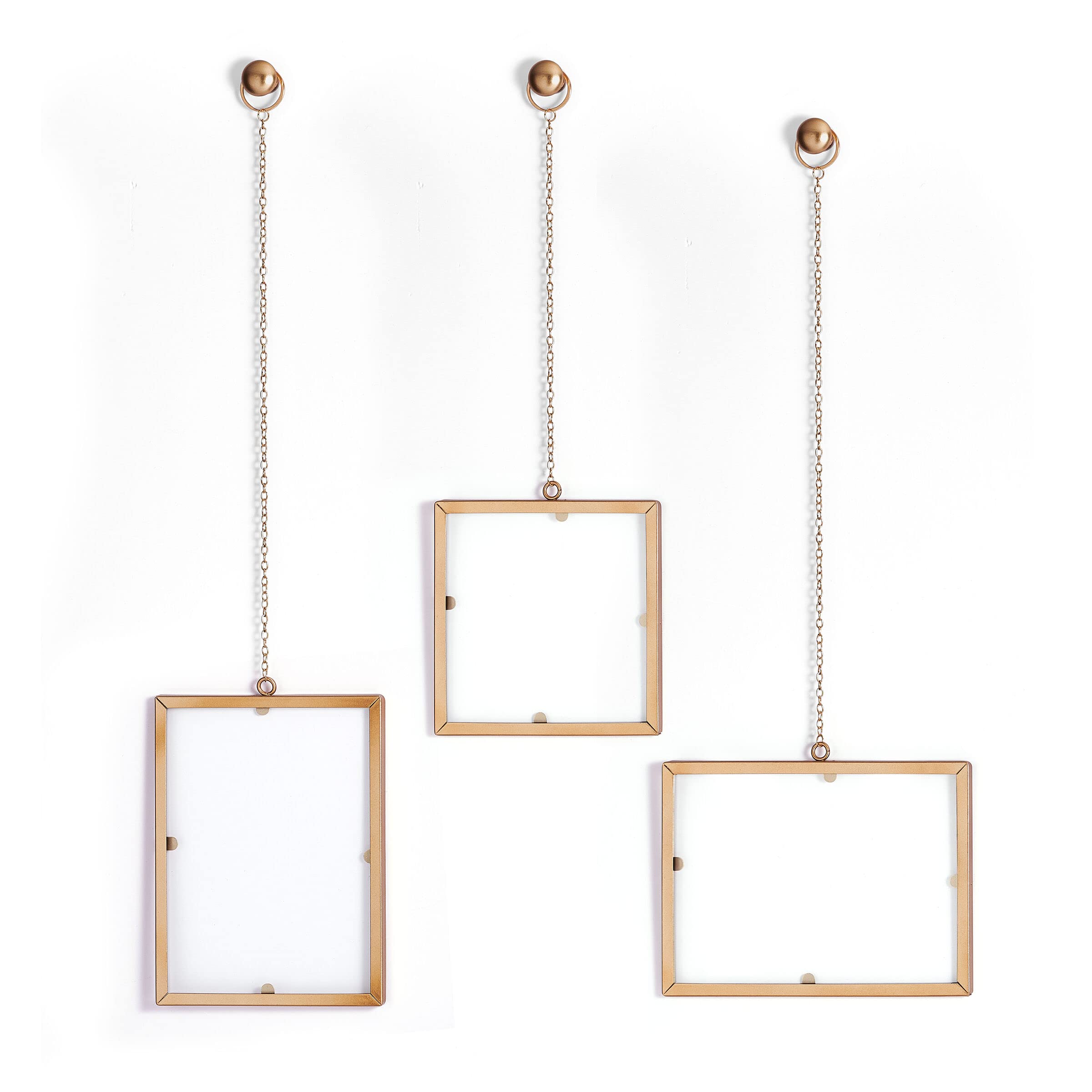 Melannco Hanging Metal Chain Retangular Floating Frames, Gold Finish, Includes Hanging Hardware, Set Of 3