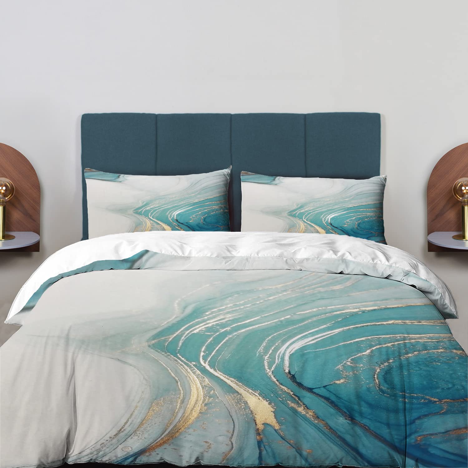 BaoNews Marble Texture Duvet Cover Set King Size,3 Pieces Turquoise Gold Silver Luxury Fluid Bedding Set Hotel Quality PolyesterComforter Cover Set with 2 Pillowcases(No Filler)