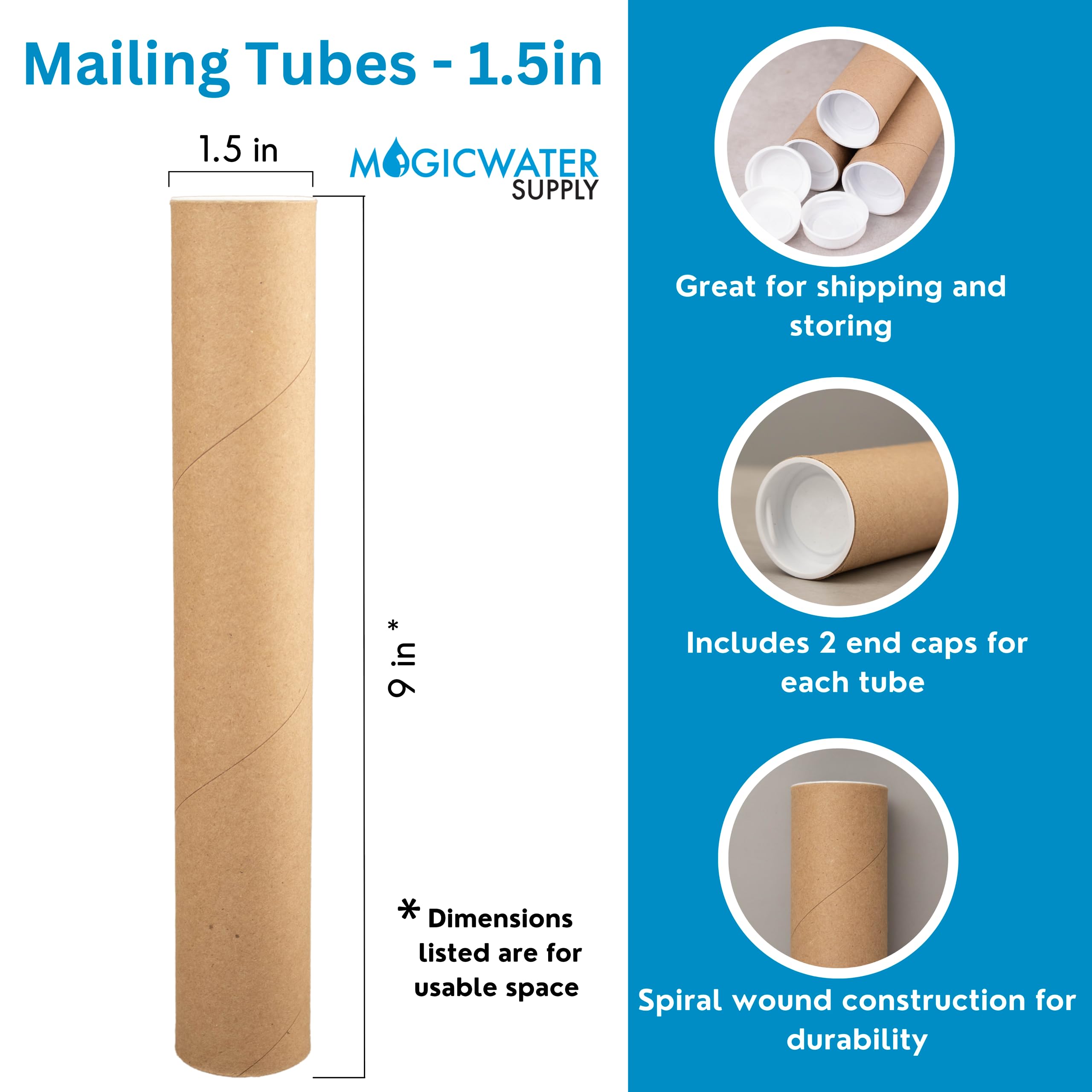 MagicWater Supply Mailing Tube - 1.5 in x 9 in - Kraft - 12 Pack - for Shipping and Storage of Posters, Arts, Crafts, and Documents