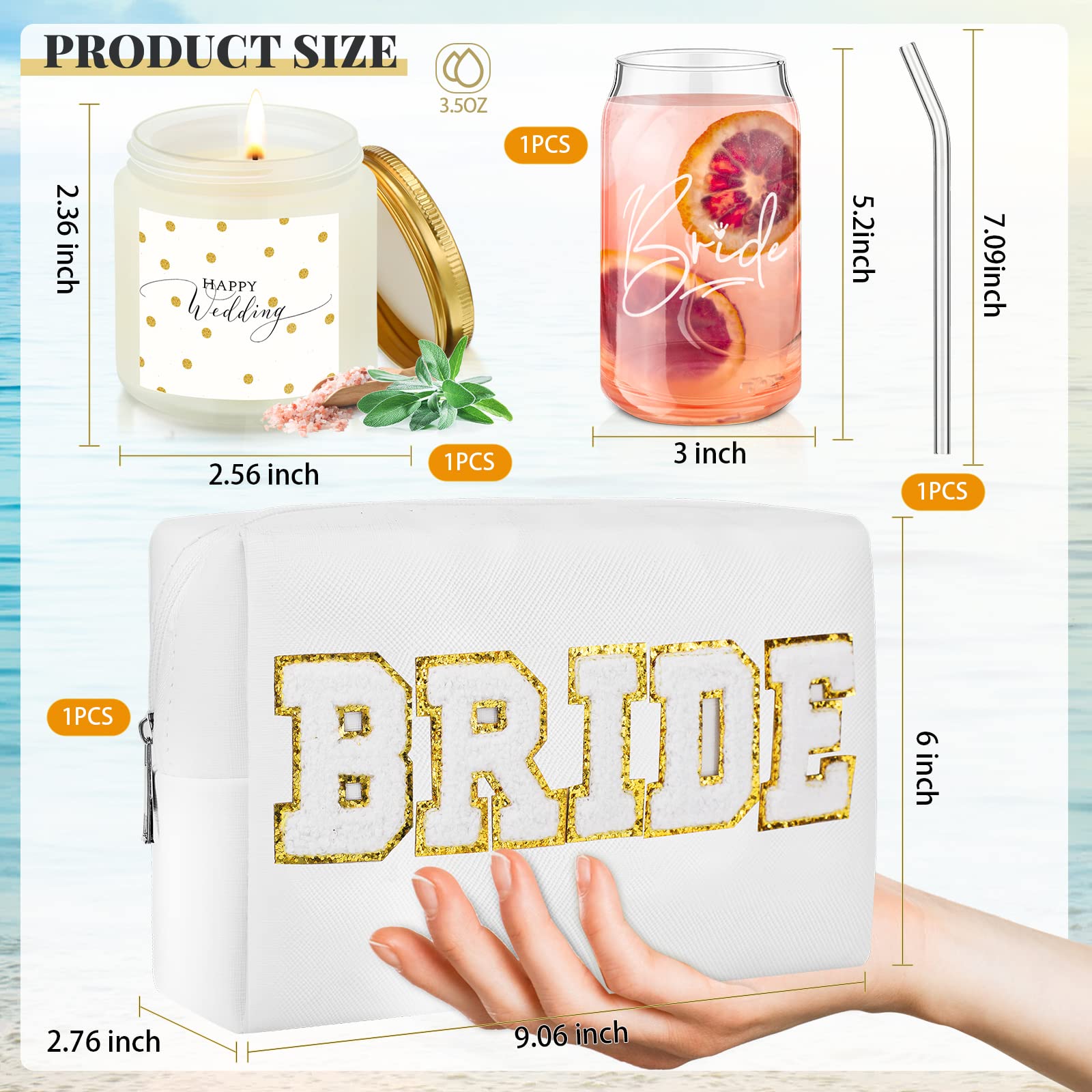 3 Pcs Bride To Be Gifts Box, Bridal Shower Bachelorette Gifts for Bride, Bride Cup Glass 16.9 oz Happy Wedding Scented Bride Candle White Bride Makeup Bag Wedding Gift Engagement Gifts for Women Her