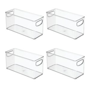 idesign 4-piece recycled plastic small stackable kitchen organizer bin with integrated handles for kitchen, fridge, freezer, pantry & cabinet organization, the linus collection - 10" x 4" x 5", clear