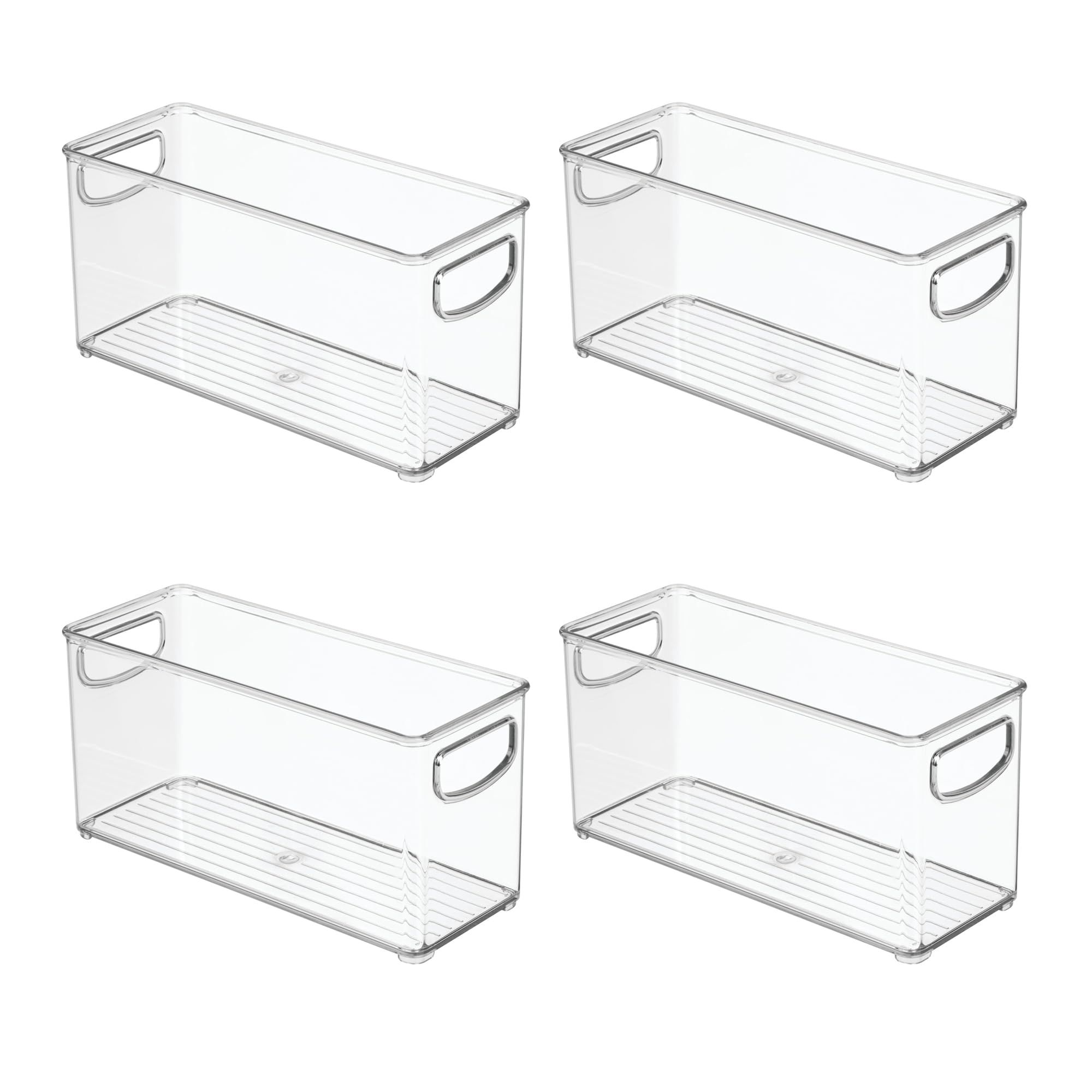 iDesign 4-Piece Recycled Plastic Small Stackable Kitchen Organizer Bin with Integrated Handles for Kitchen, Fridge, Freezer, Pantry & Cabinet Organization, The Linus Collection - 10" x 4" x 5", Clear