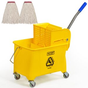 matthew cleaning compact mop bucket incl.2 pack mop head with side press wringer on wheels,tandem portable floor cleaning wavebrake,ideal for household,industrial,restaurant,janitorial use-22 quart