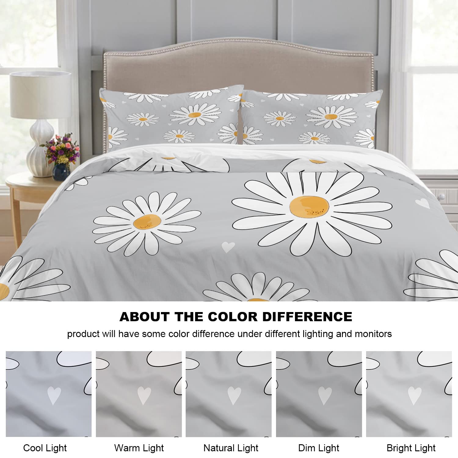 Batmerry Spring Floarl Full Size 3 Pieces Bedding Comforter Cover Sets,Soft Fluffy Cute White Flowers On Grey Pattern Printed Duvet Cover for All Season