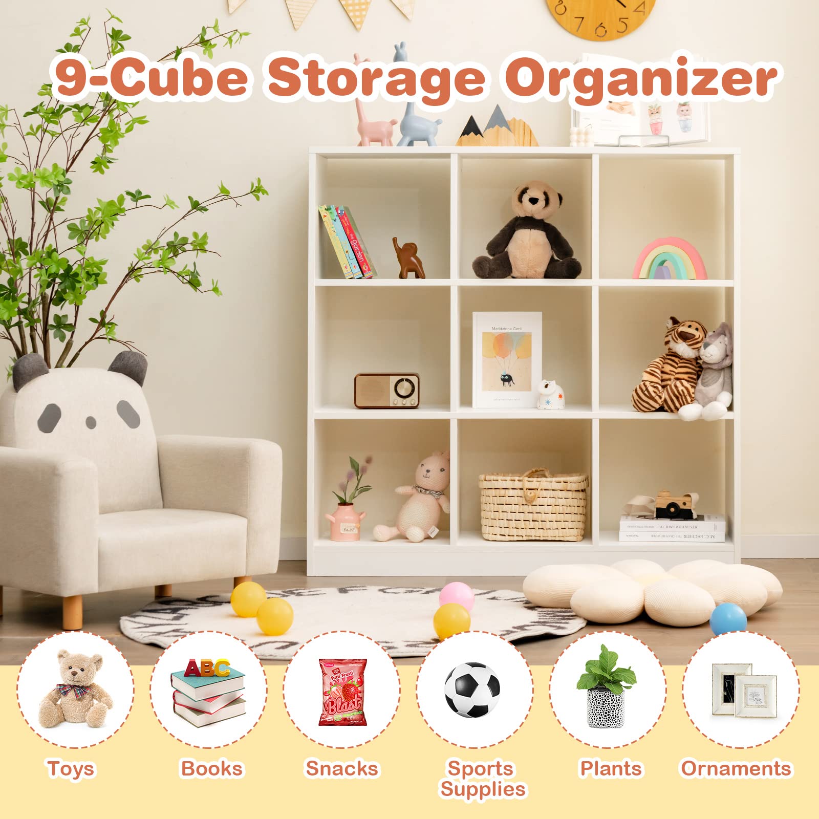 Costzon Toy Organizers and Storage, Wooden White 9-Cube Kids Bookcase for Books Toys Display Organization, Toddler Bookshelf for Bedroom, Living Room, Nursery, Playroom