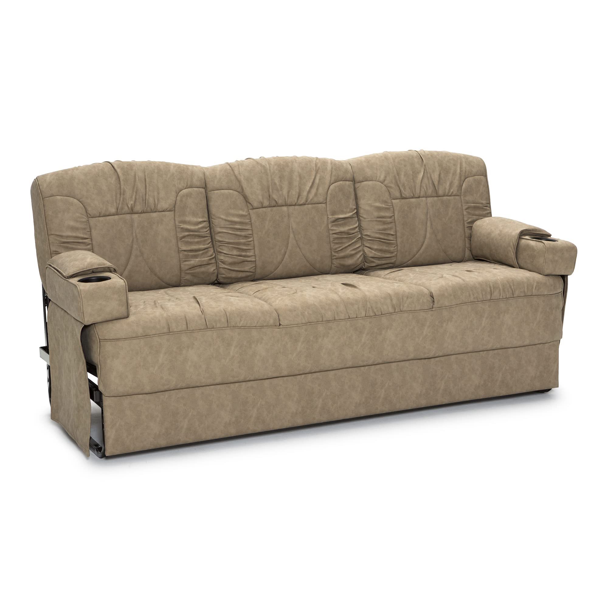 Qualitex Belmont 68" RV Sofa Bed, Ultimate Leather, Full Size Bed, w/Cupholders, Removable, Slide-Out Arms, Fawn