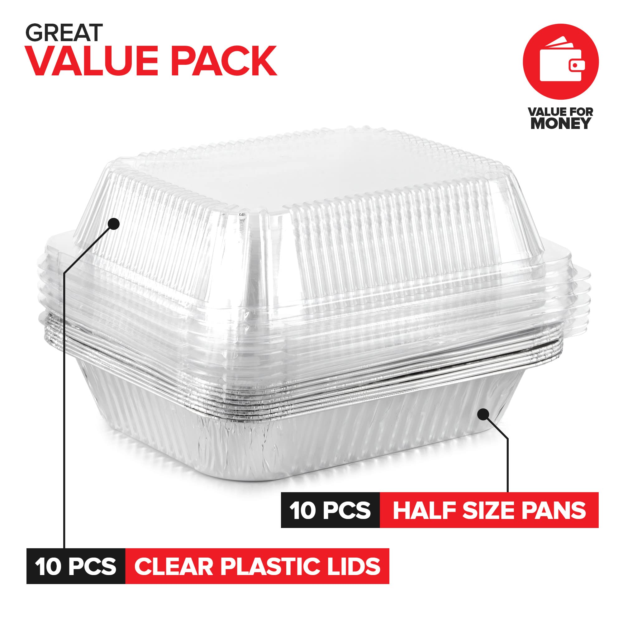 Stock Your Home 9x13 Disposable Baking Pan with Lid (10 Pack) Heavy Duty Aluminum Cake Pans with Lids, Clear Plastic Cover, Food Container for Lasagna, Casserole, Brownie, Rectangular Sheet Tray