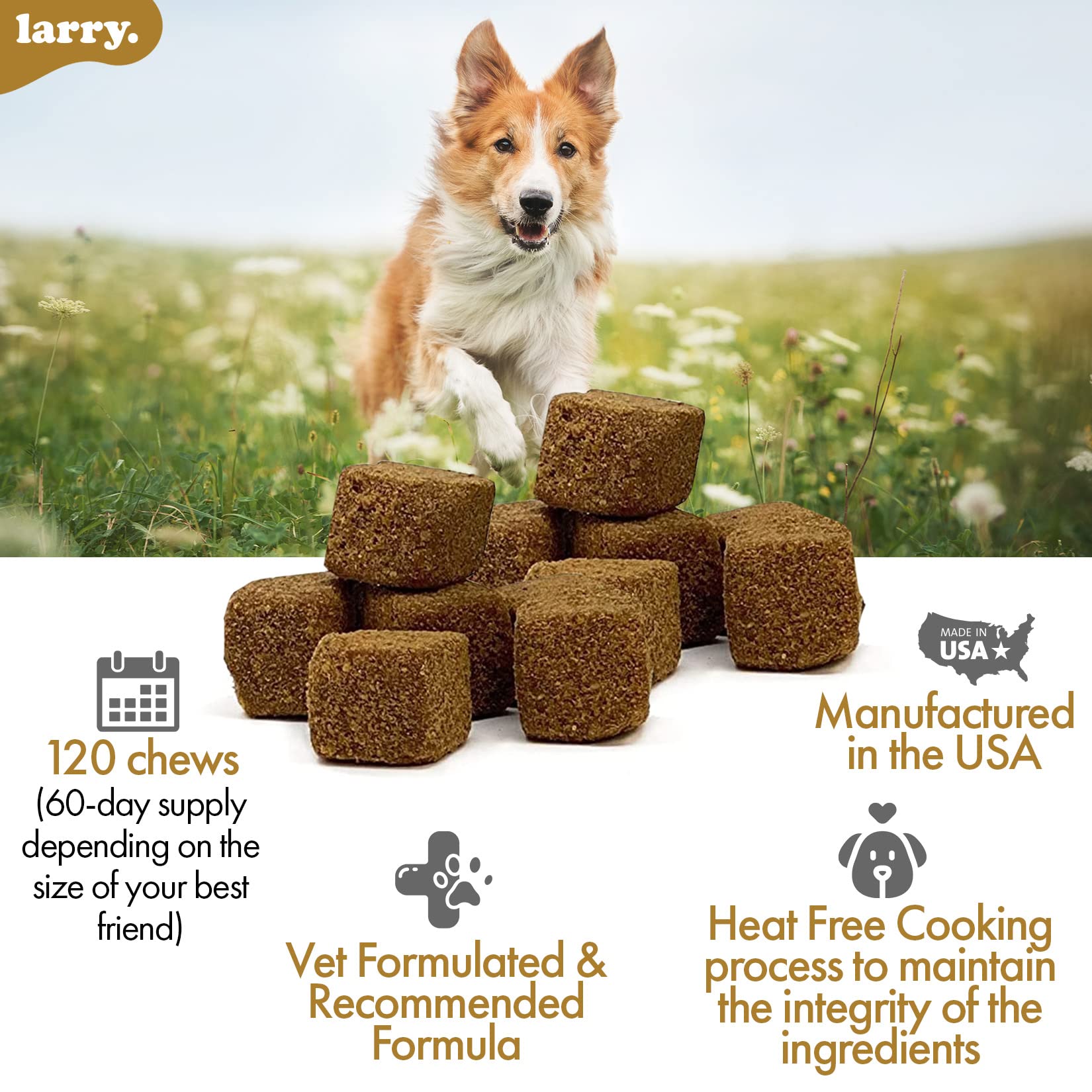 8-in-1 Multivitamin Dog Supplement by Larry | Heart, Digestion, Liver, Skin, Coat, & Joint Support Supplement for Dogs | with Vitamins, Minerals, Omegas, & Glucosamine Chondroitin | 120 Soft Chews