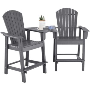 giantex tall adirondack chair set of 2 - outdoor hdpe barstools w/middle connecting tray & umbrella hole, counter height bar chair, weather resistant, ideal for patio, backyard, poolside (grey)