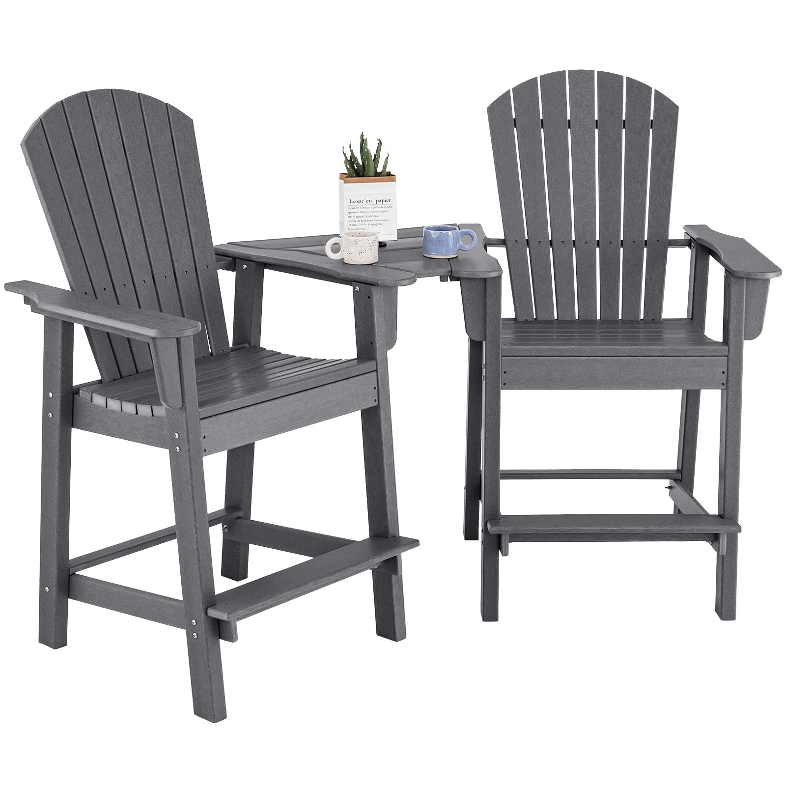 Giantex Tall Adirondack Chair Set of 2 - Outdoor HDPE Barstools w/Middle Connecting Tray & Umbrella Hole, Counter Height Bar Chair, Weather Resistant, Ideal for Patio, Backyard, Poolside (Grey)