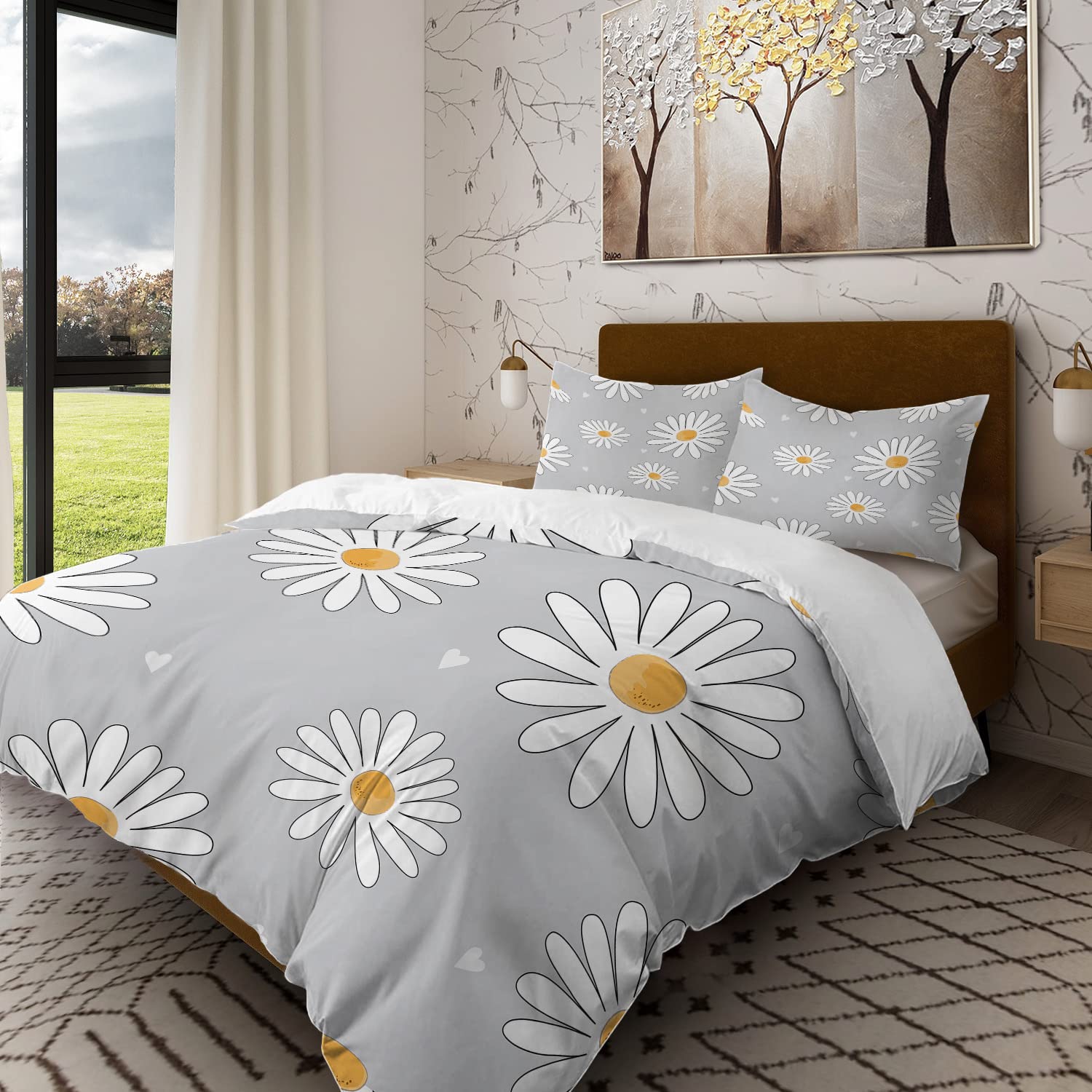 Batmerry Spring Floarl Full Size 3 Pieces Bedding Comforter Cover Sets,Soft Fluffy Cute White Flowers On Grey Pattern Printed Duvet Cover for All Season