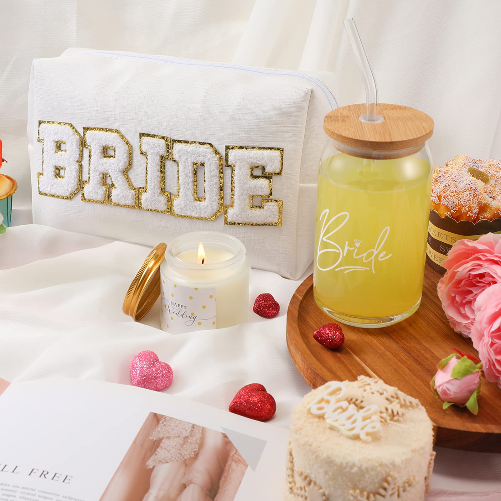 3 Pcs Bride To Be Gifts Box, Bridal Shower Bachelorette Gifts for Bride, Bride Cup Glass 16.9 oz Happy Wedding Scented Bride Candle White Bride Makeup Bag Wedding Gift Engagement Gifts for Women Her