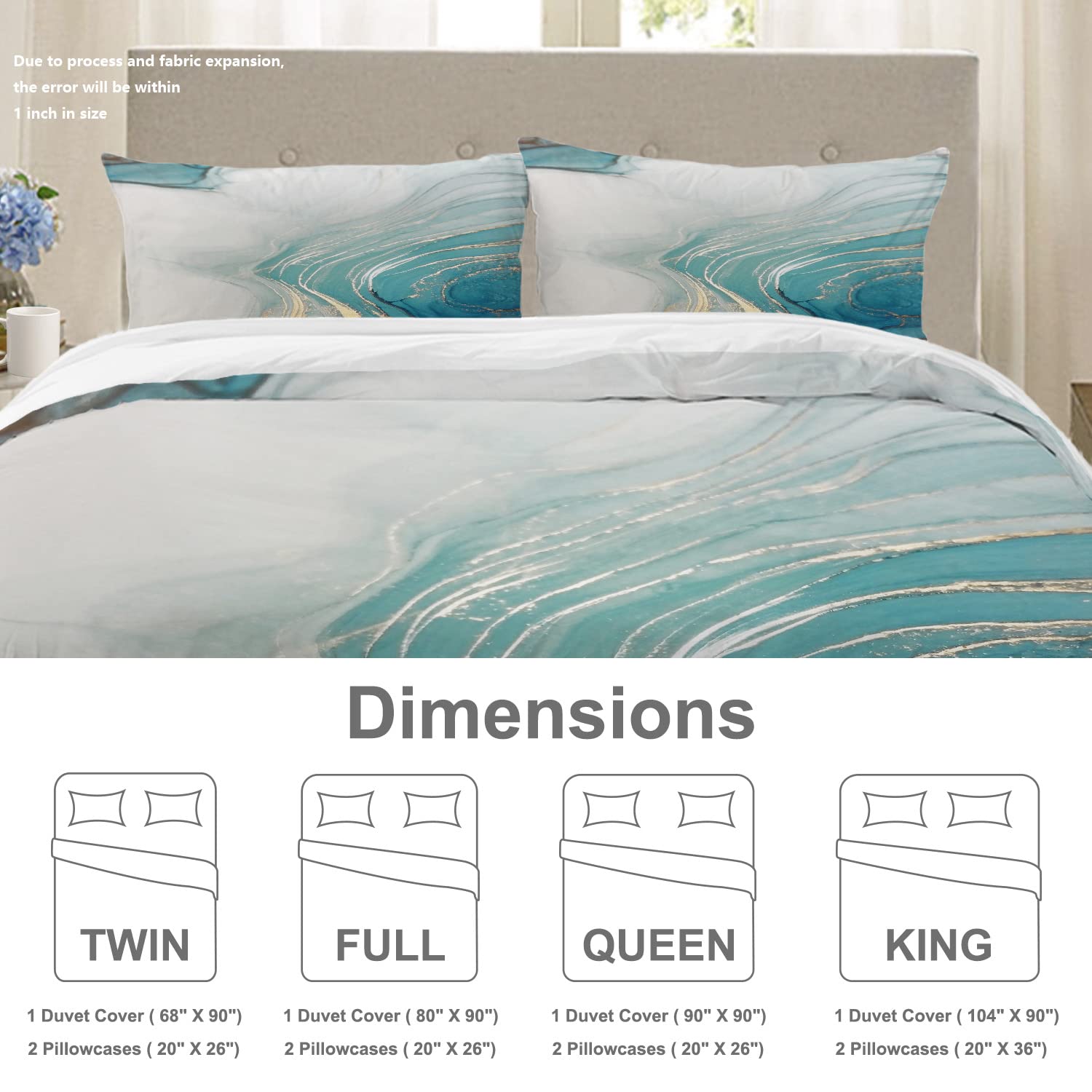 BaoNews Marble Texture Duvet Cover Set King Size,3 Pieces Turquoise Gold Silver Luxury Fluid Bedding Set Hotel Quality PolyesterComforter Cover Set with 2 Pillowcases(No Filler)