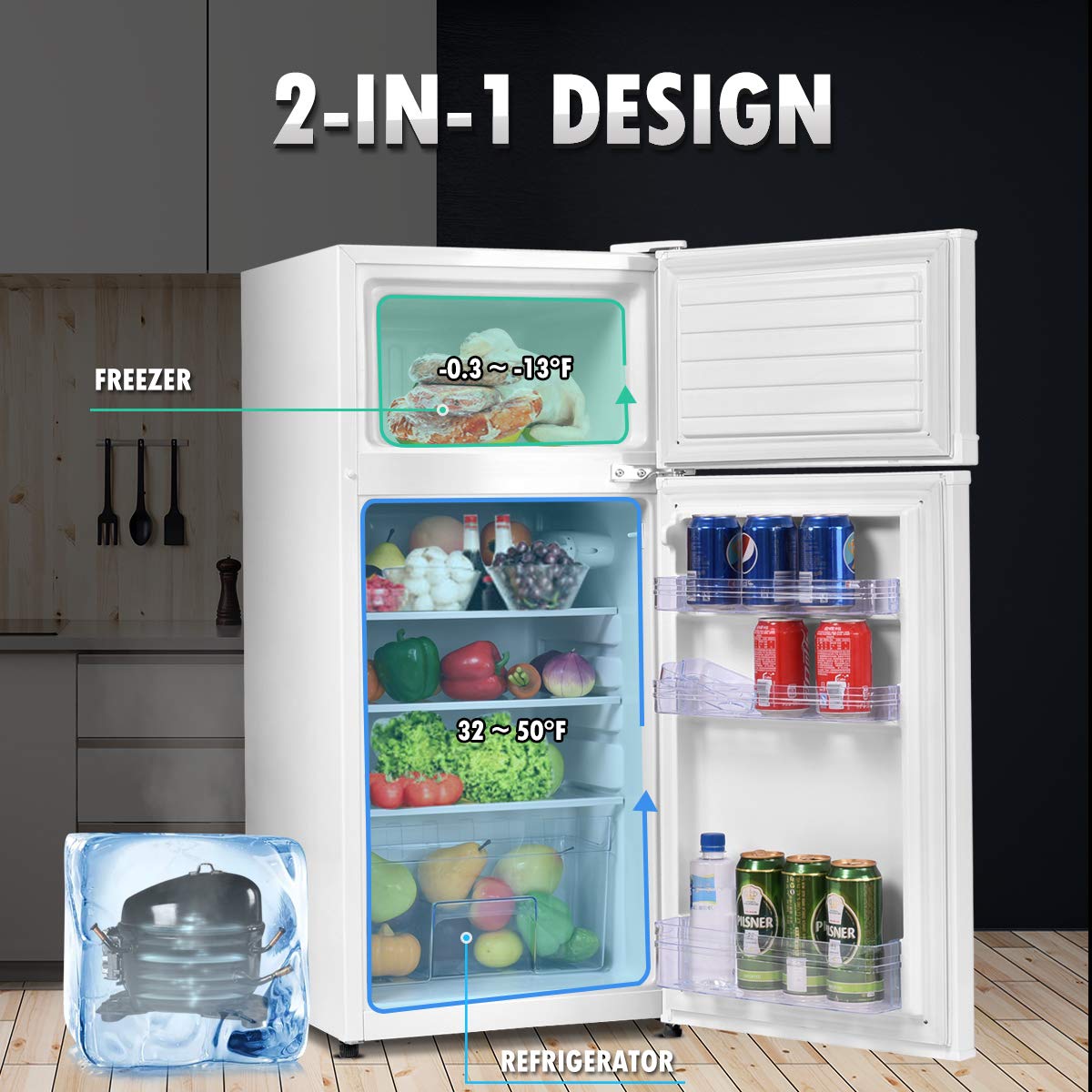 KOTEK Mini Fridge with Freezer, 3.4 Cu.Ft Compact Refrigerator/Freezer Cooler w/ 7 Settings Temperature Adjustable, Small Refrigerator with 2 Doors for Bedroom/Dorm/Apartment/Office (White)