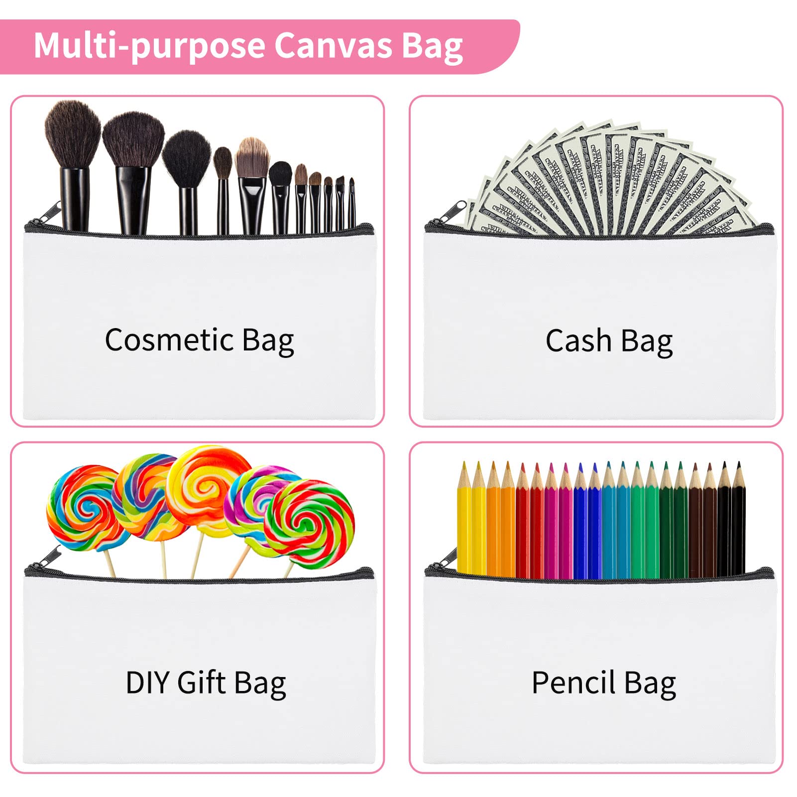 12 Pieces Cosmetic Bags Multipurpose Sublimation Blanks DIY Heat Transfer Makeup Bags Iron on Transfer Zipper Canvas Pouch Toiletry Pouch Pencil Bag for Travel DIY Craft School