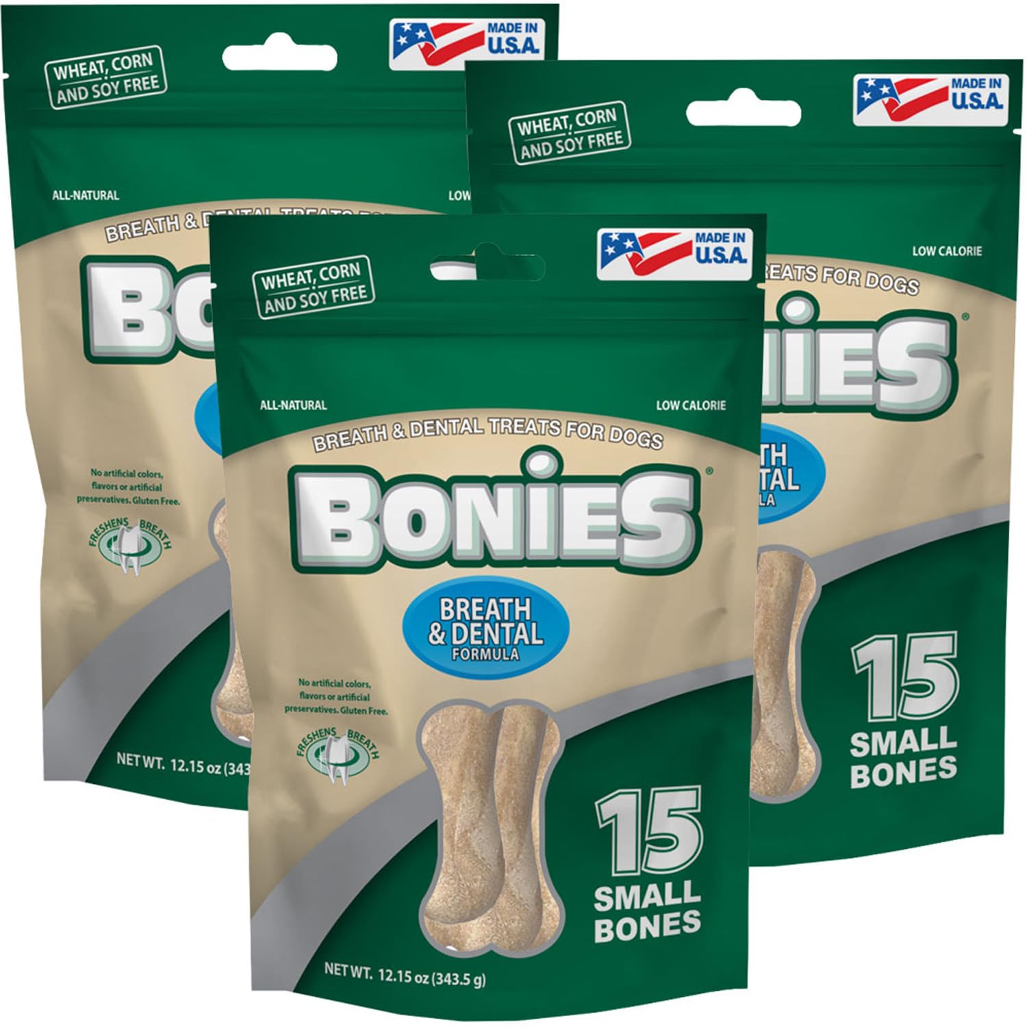 Bonies Breath and Dental Formula Treats for Dogs, All-Natural Ingredients, Fresh Breath, Cleans Teeth, Low Calories, Chicken Flavor - 3-Pack Small, 45 Bones