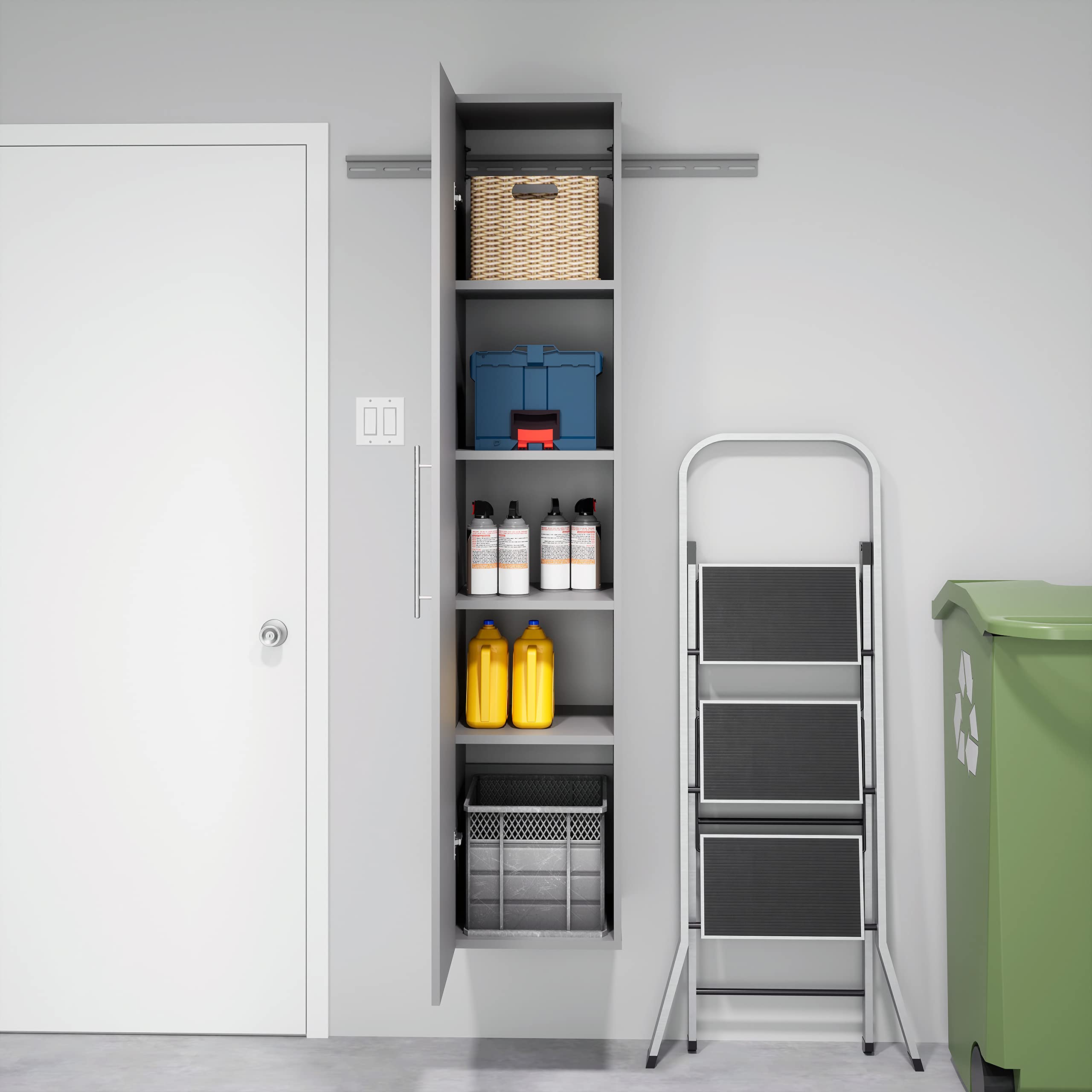 Prepac HangUps Narrow Wall Mounted Garage Storage Cabinet, Tall Storage Organizer Cabinet, 15" W x 72" H x 16" D, Light Gray