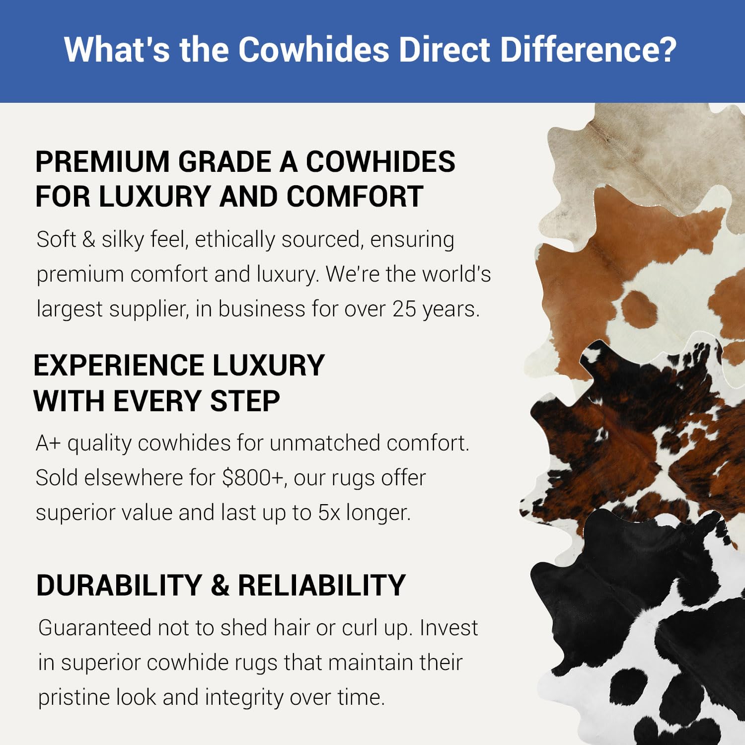 Cowhides Direct Genuine Cowhide Rug - Tricolor Cow Fur Rugs for Living Room, Bedroom & More - Authentic Cow Rug (7’x8’ Tricolor)