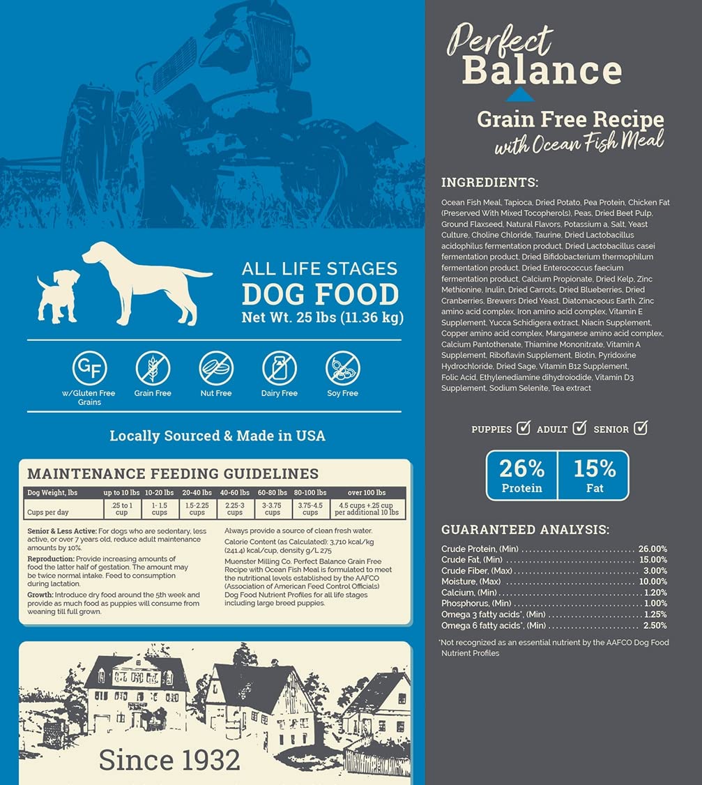 Muenster Perfect Balance OceanFish Meal Grain Free Recipe – Gluten Free Dry Dog Food - Complete and Balanced Kibble for Large, Medium or Small Breed Dogs, 25 lb