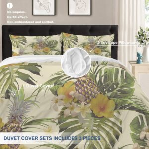 Batmerry Beige Tropical Palm King Size 3 Pieces Bedding Comforter Cover Sets,Soft Fluffy Green Leaves Pattern Printed Duvet Cover for All Season