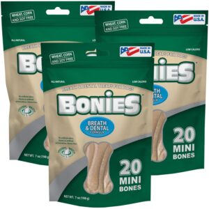 bonies natural breath and dental formula treats for dogs, made in usa - all natural - freshens breath - low calories - for dog chicken flavor, 60 mini bones