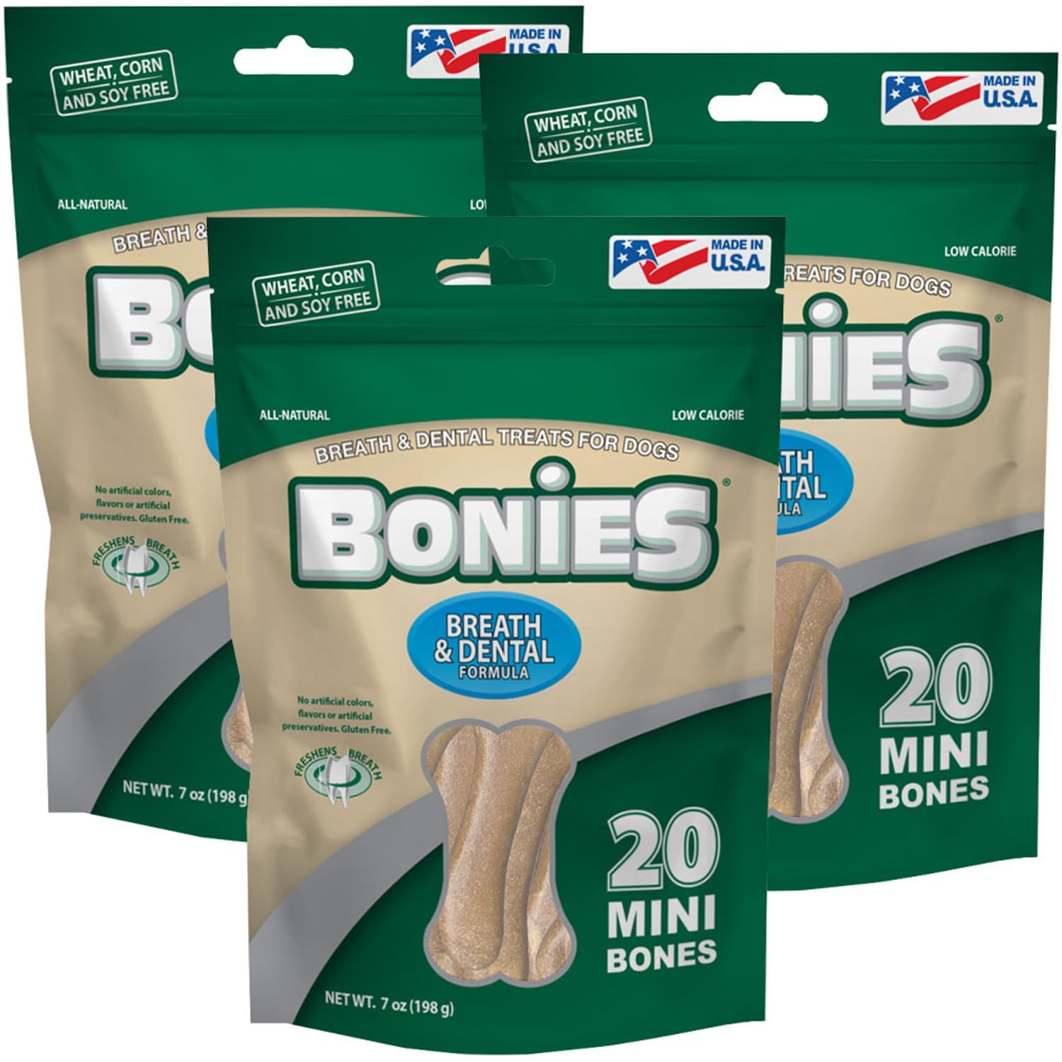 Bonies Natural Breath and Dental Formula Treats for Dogs, Made in USA - All Natural - Freshens Breath - Low Calories - for Dog Chicken Flavor, 60 Mini Bones