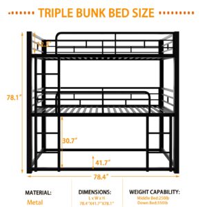 Bunk Beds, Twin Over Twin Over Twin Metal Bunk Bed, Triple Bunk Bed for Kids,Teens, Adults, Girls, Boys, Detachable BunkBed Can Be Divided into 3 Twin Beds,No Box Spring Need (Black)