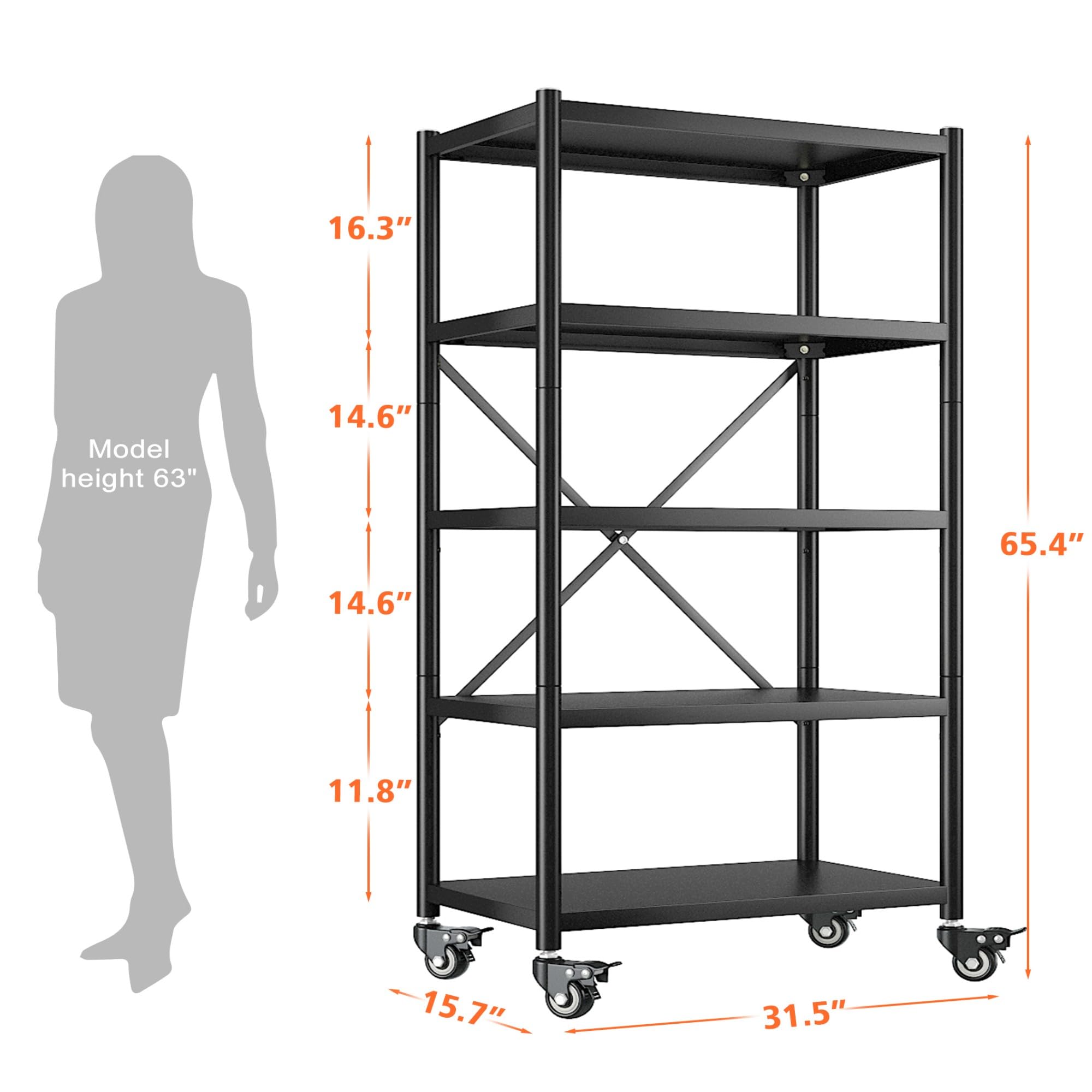 REIBII Storage Shelves with Wheels 5 Tier Metal Shelves for Storage Adjustable Metal Shelving with Wheels Portable Shelves Organizer Rack for Garage Kitchen Basement Pantry 65.5"H × 31.5"W × 15.5"D