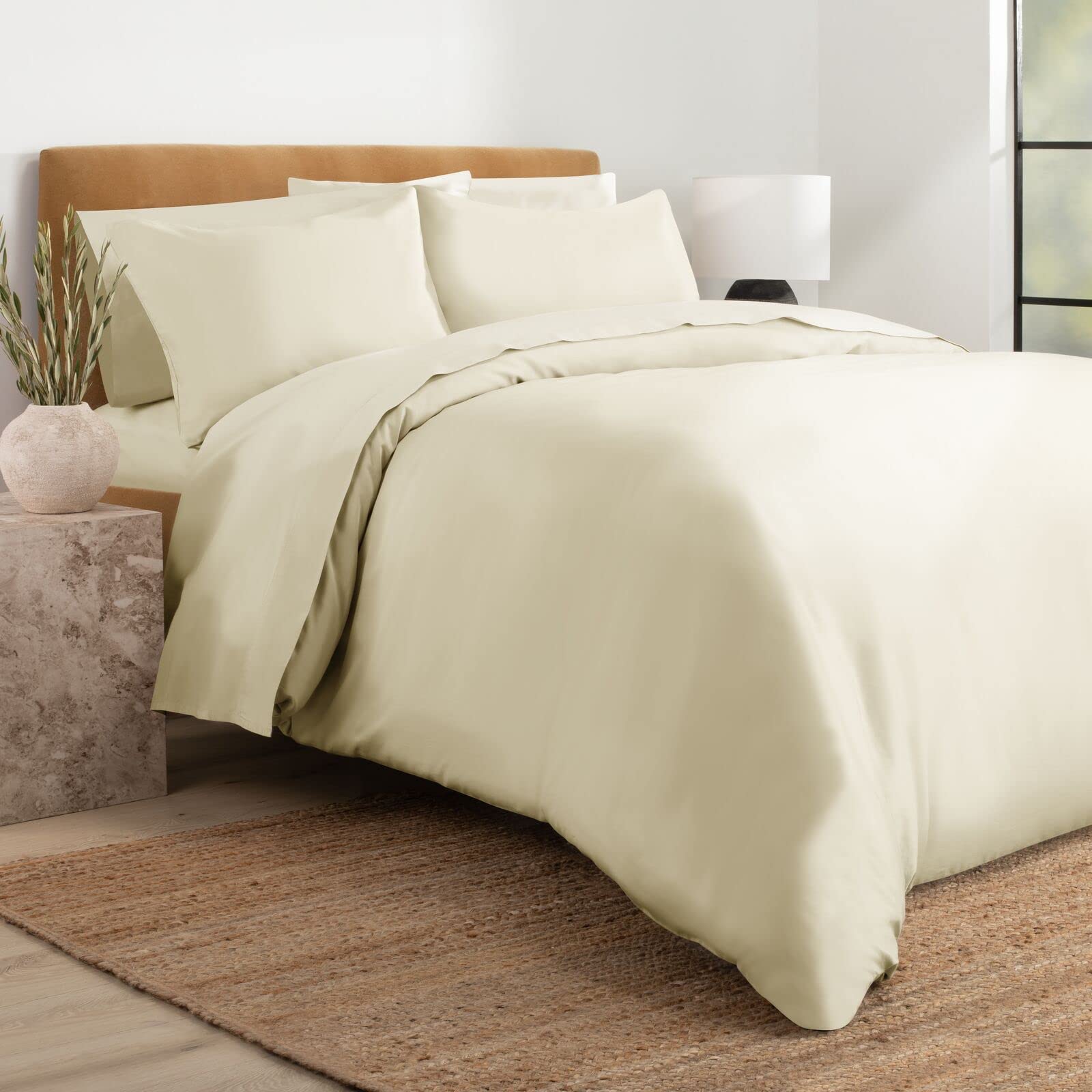 Nate Home by Nate Berkus 300TC 3-Piece Luxe Cotton Sateen Duvet Cover | Ultra Soft, Cool, Bedding Set from mDesign - Full/Queen Size - 1 Duvet Cover/2 Pillow Shams, Antique White (Beige)