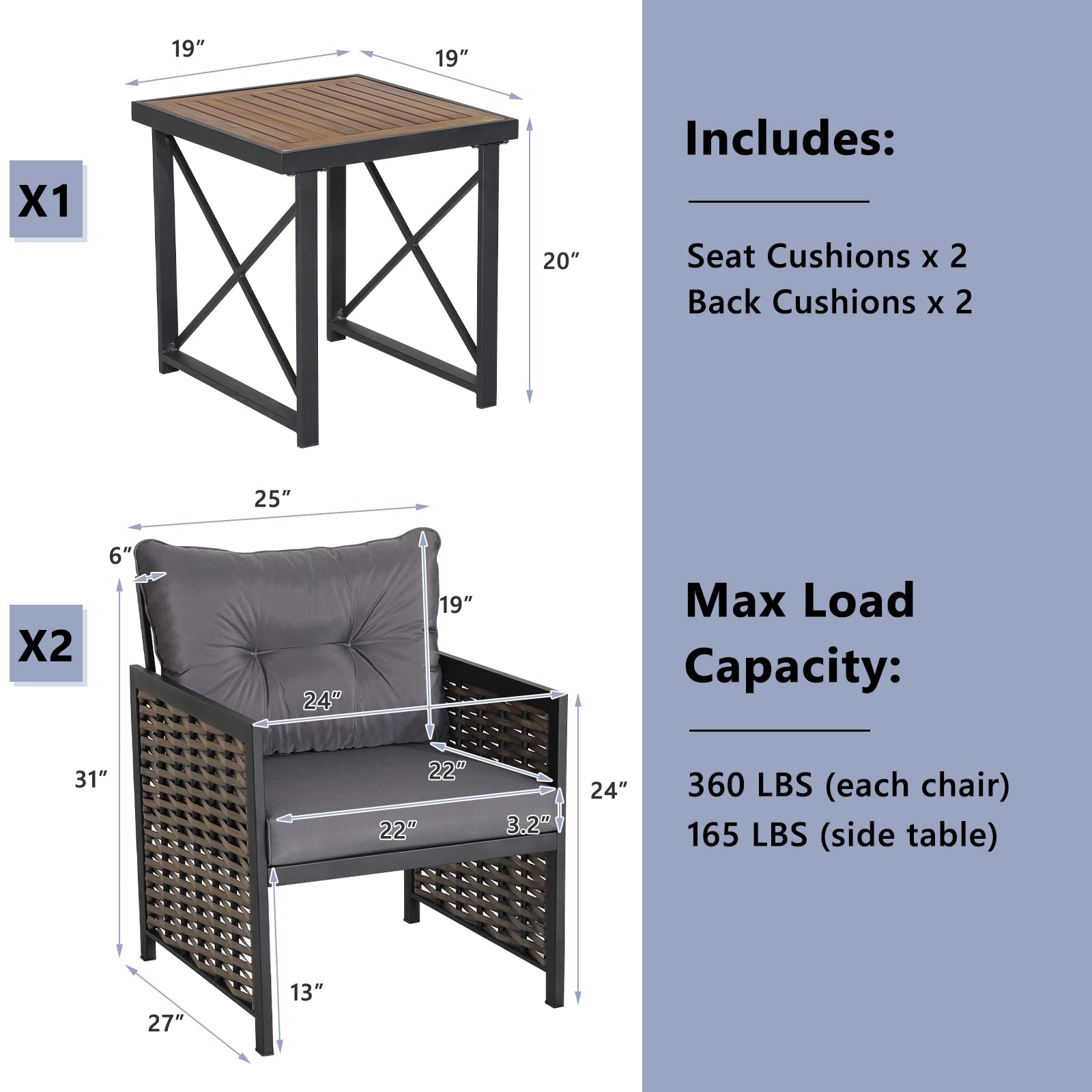 Tangkula 3 Piece Rattan Chair Set, Patio Wicker Chairs and Coffee Table Set, Heavy-Duty Metal Frame & Durable Acacia Wood Tabletop, Outdoor Furniture Set for Backyard, Front Porch, Deck (Gray)