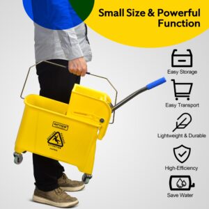 Matthew Cleaning Compact Mop Bucket INCL.2 Pack Mop Head with Side Press Wringer On Wheels,Tandem Portable Floor Cleaning Wavebrake,Ideal for Household,Industrial,Restaurant,Janitorial Use-22 Quart