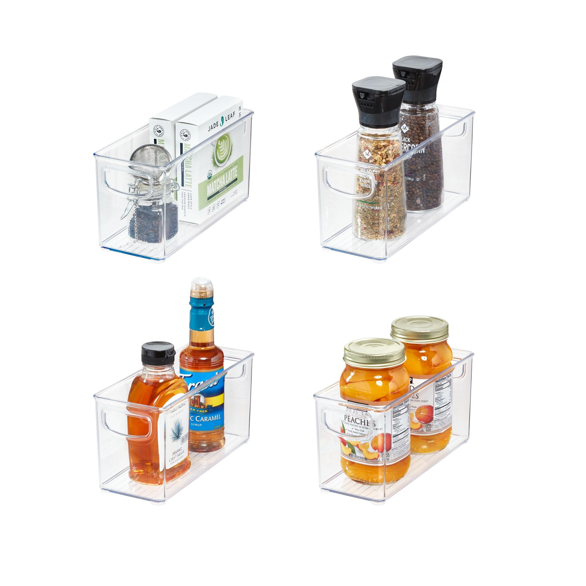 iDesign 4-Piece Recycled Plastic Small Stackable Kitchen Organizer Bin with Integrated Handles for Kitchen, Fridge, Freezer, Pantry & Cabinet Organization, The Linus Collection - 10" x 4" x 5", Clear