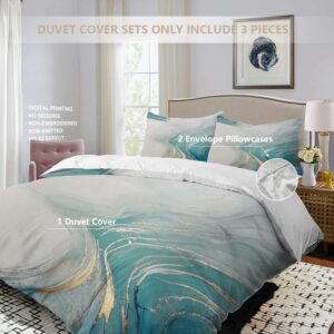 BaoNews Marble Texture Duvet Cover Set King Size,3 Pieces Turquoise Gold Silver Luxury Fluid Bedding Set Hotel Quality PolyesterComforter Cover Set with 2 Pillowcases(No Filler)