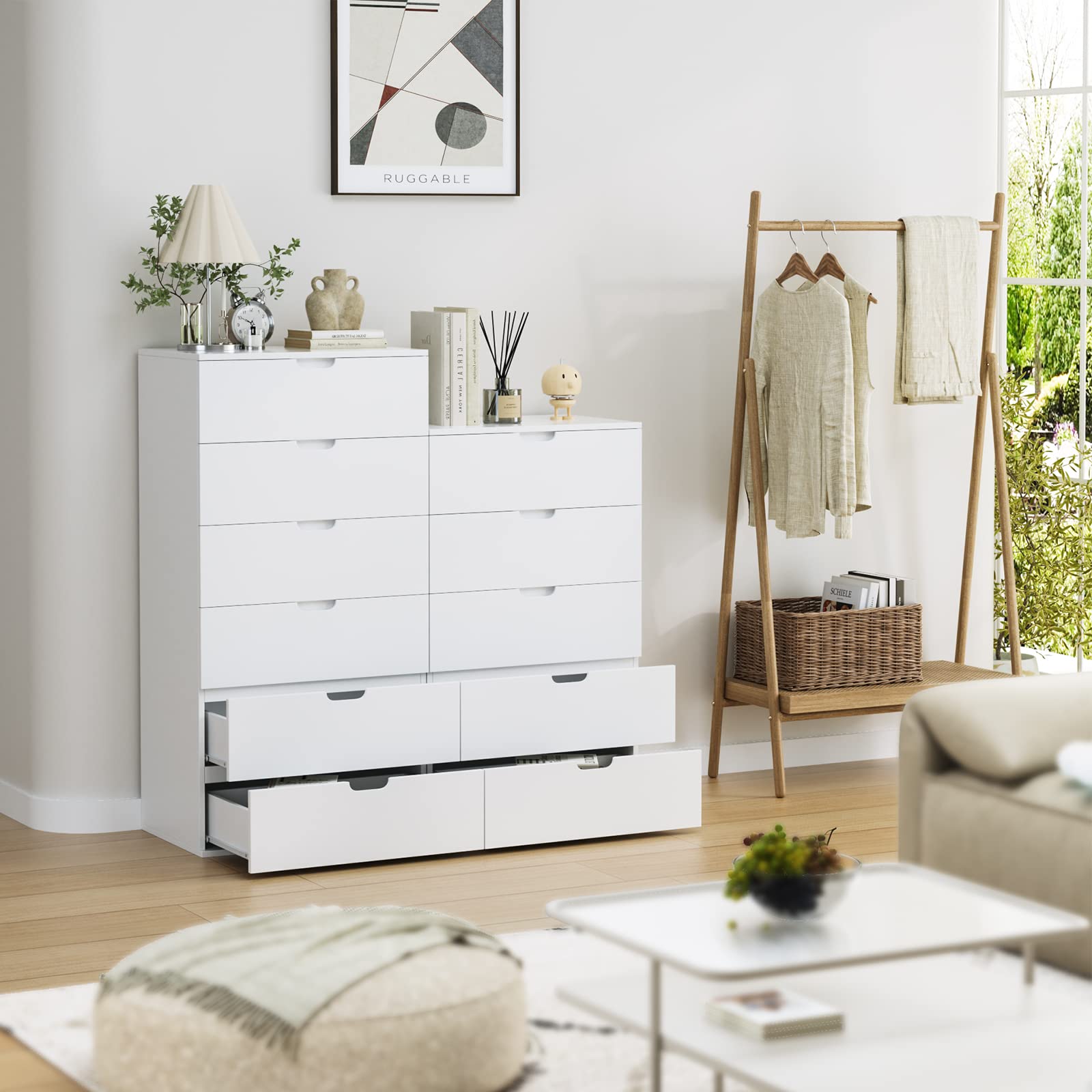 FOTOSOK Tall Dresser 47", White Dresser with 6 Drawers, Modern Chest of Drawers with Handless Design, 6 Drawer Dresser Verticle Dresser for Home & Office